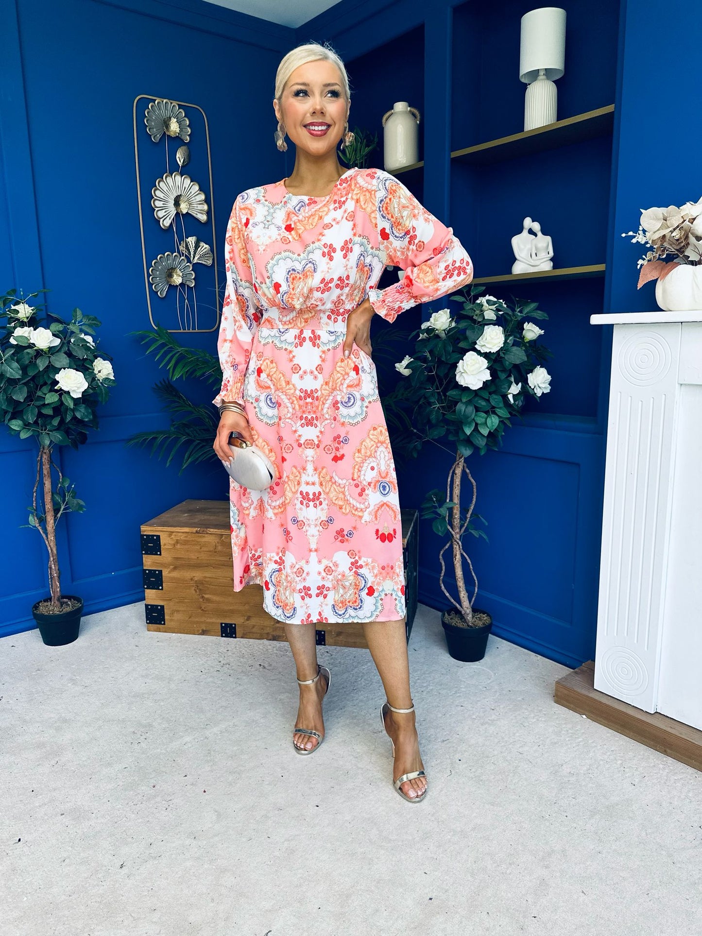 Mollie Banded Midi Dress Paisley Peach