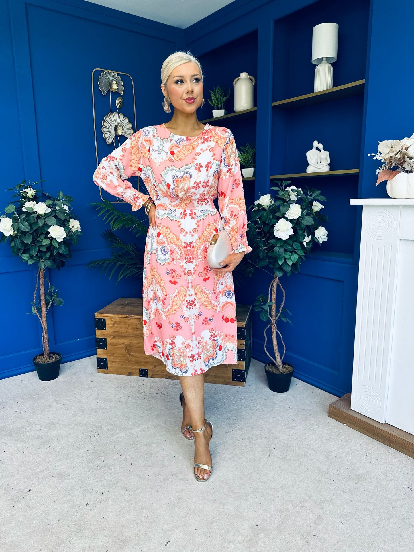 Mollie Banded Midi Dress Paisley Peach