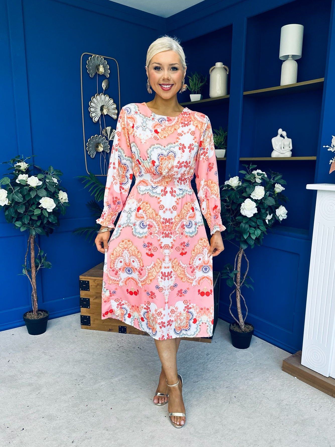 Mollie Banded Midi Dress Paisley Peach