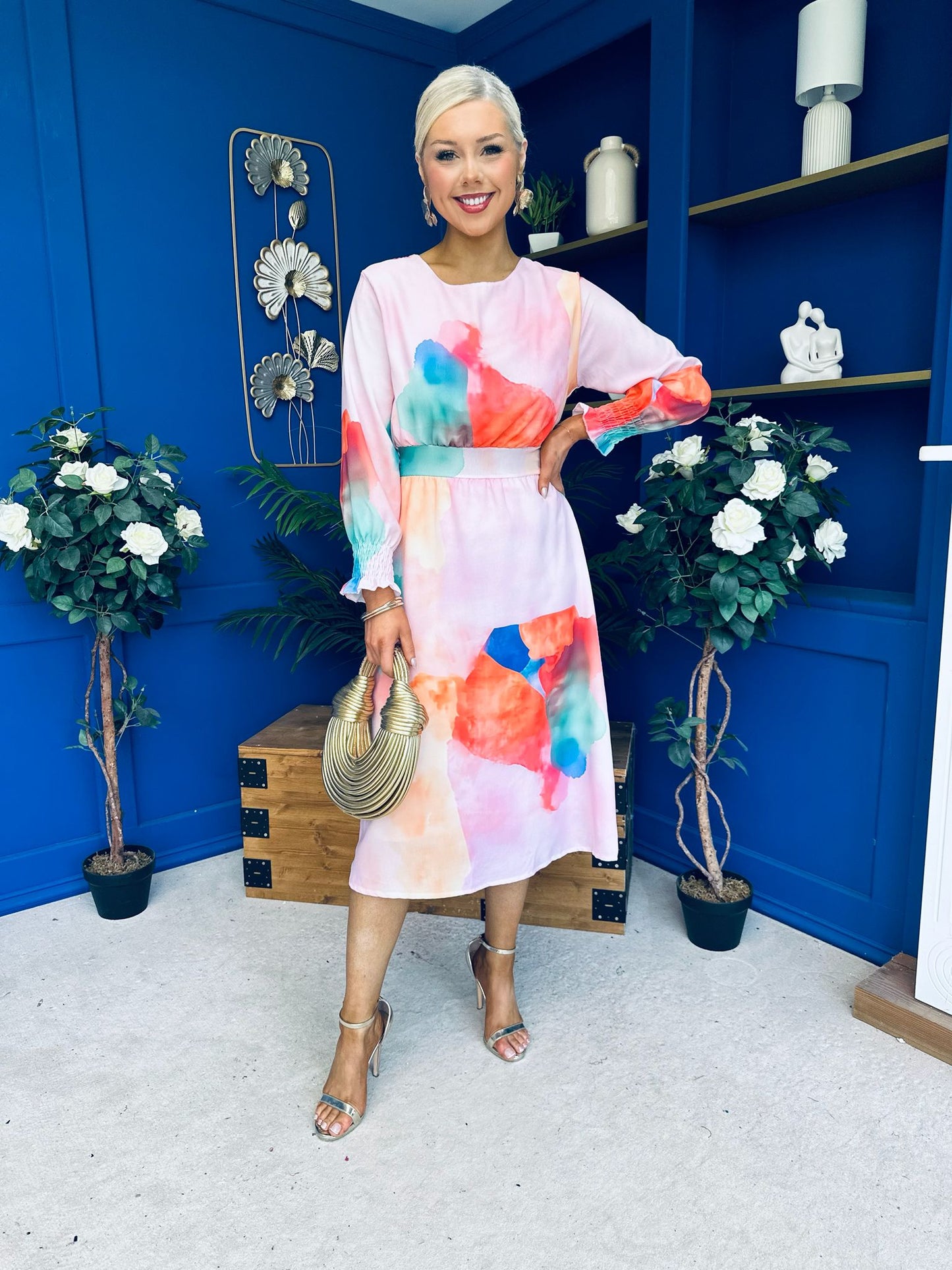 Mollie Banded Midi Dress Floral Pink