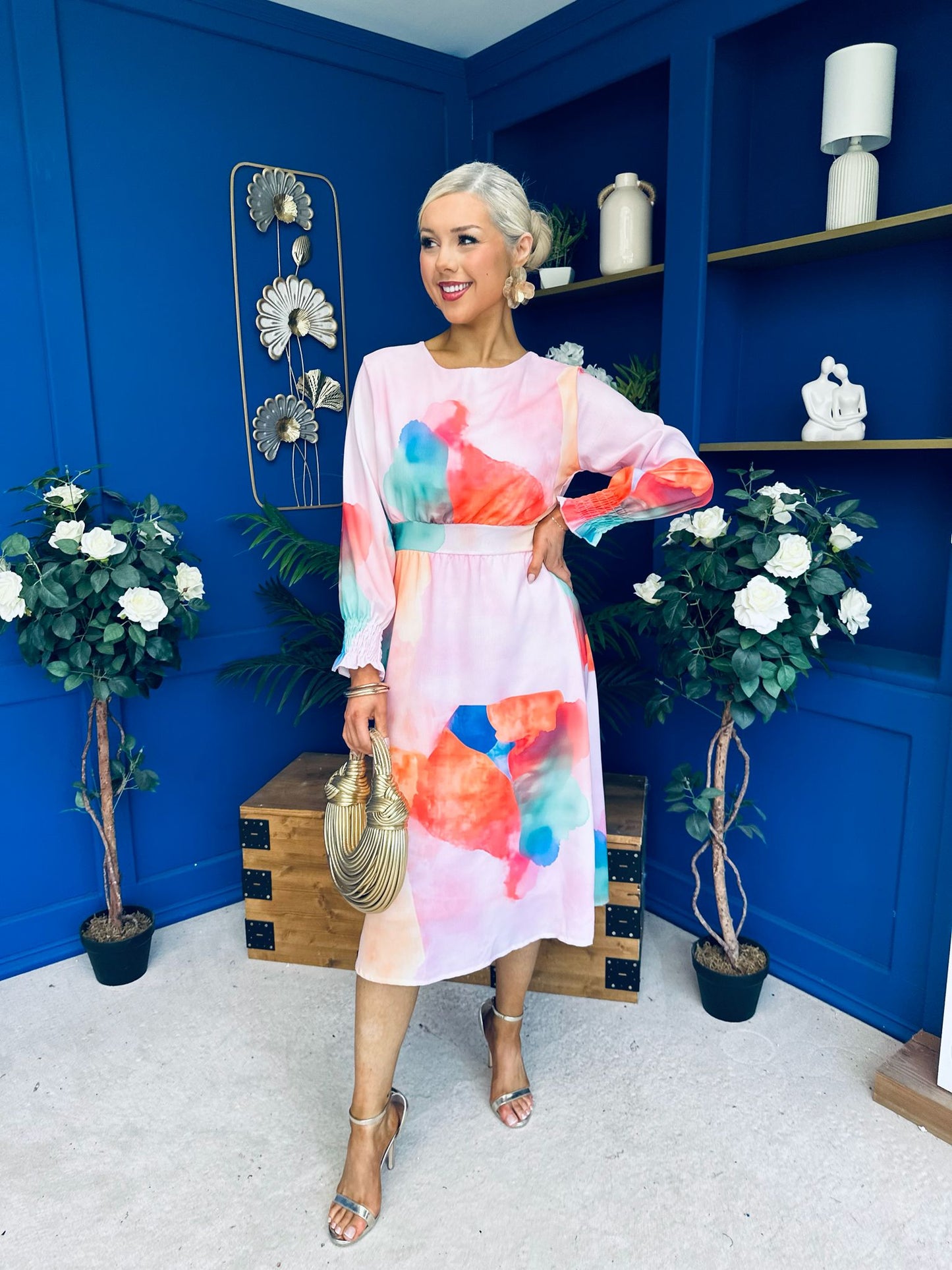 Mollie Banded Midi Dress Floral Pink