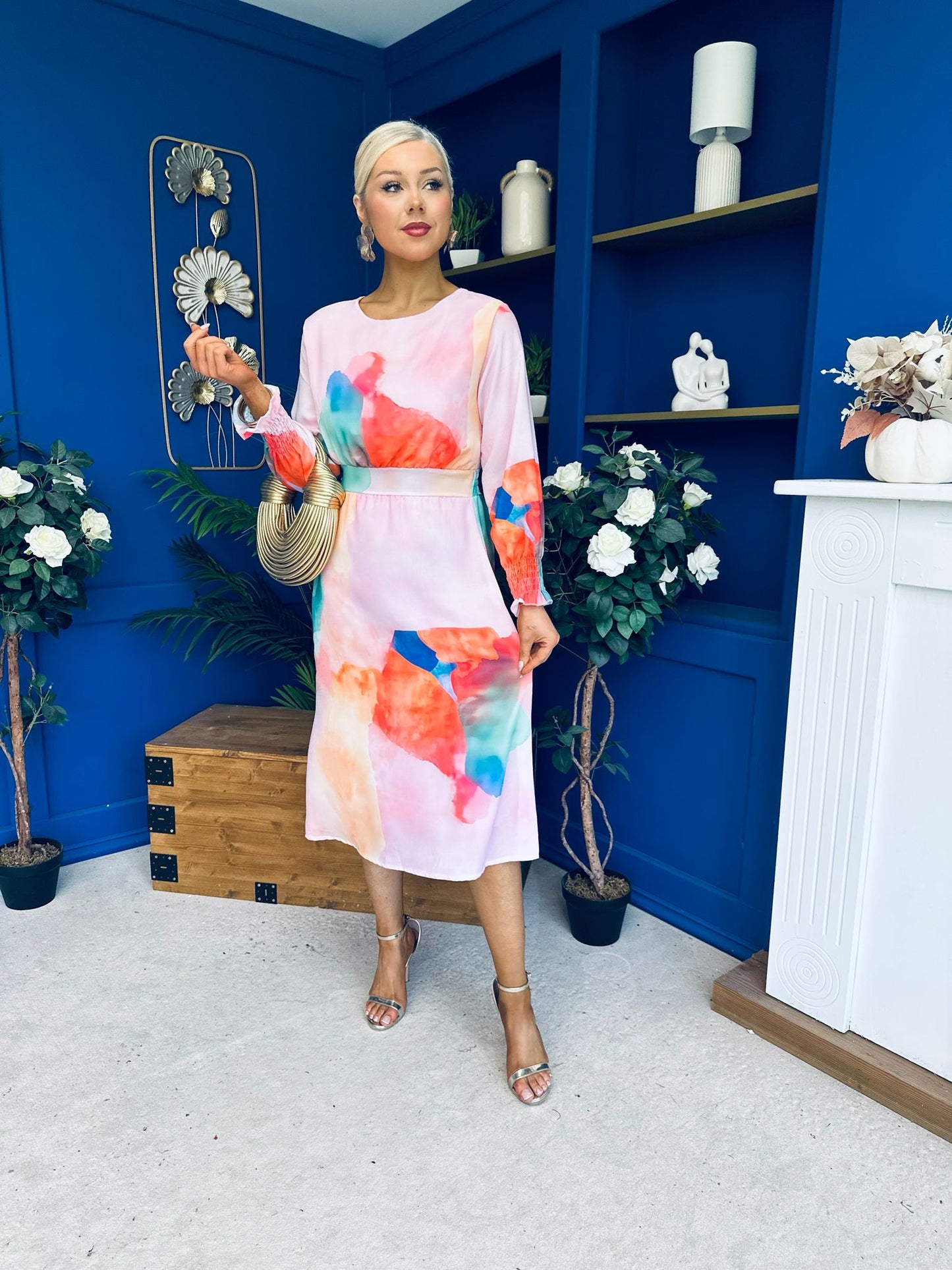 Mollie Banded Midi Dress Floral Pink