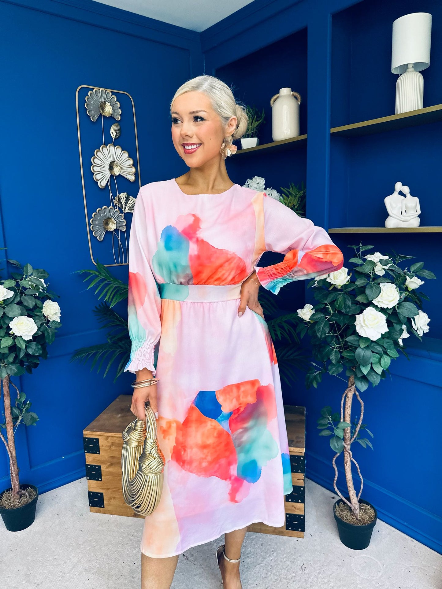 Mollie Banded Midi Dress Floral Pink