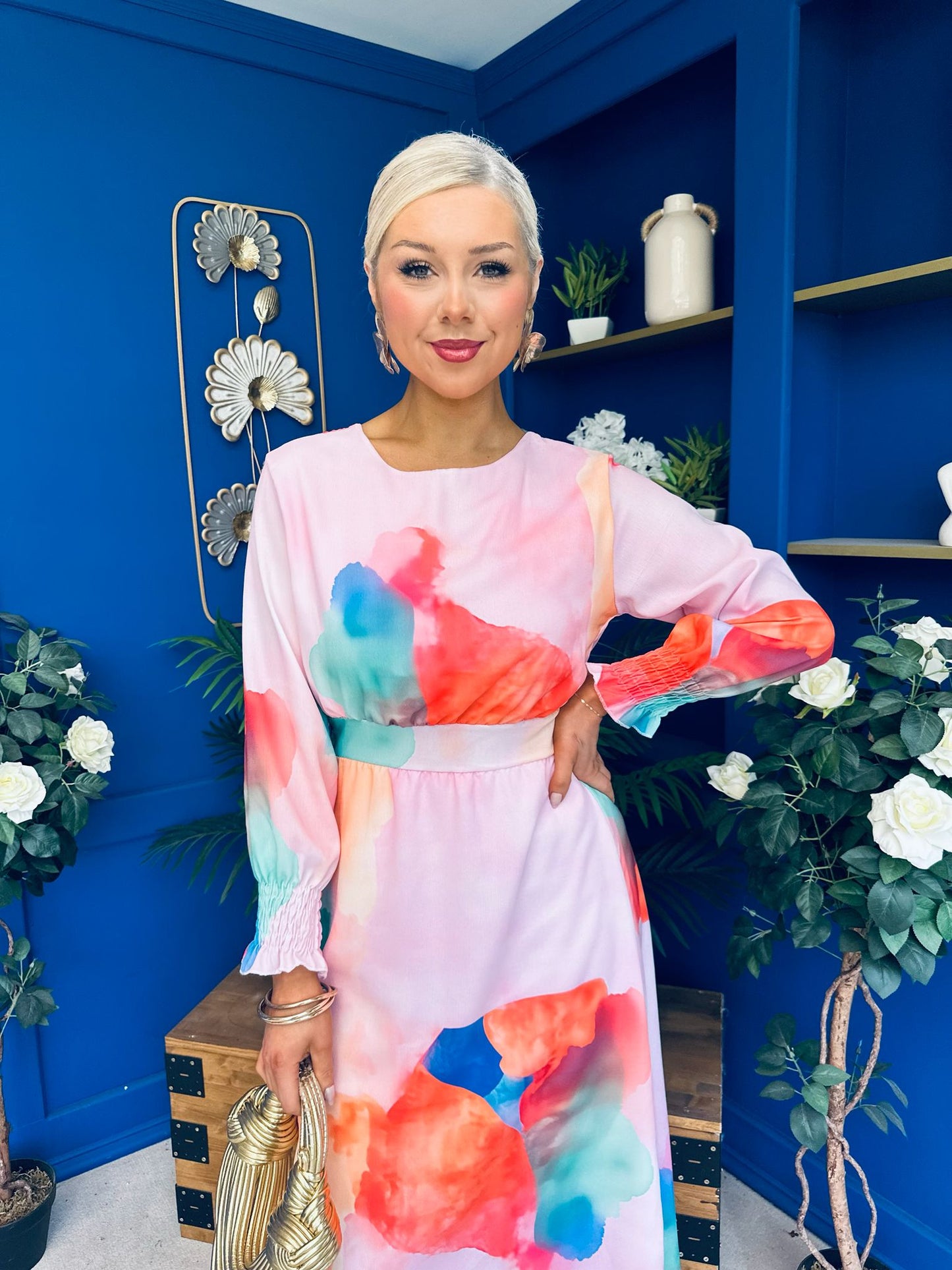 Mollie Banded Midi Dress Floral Pink