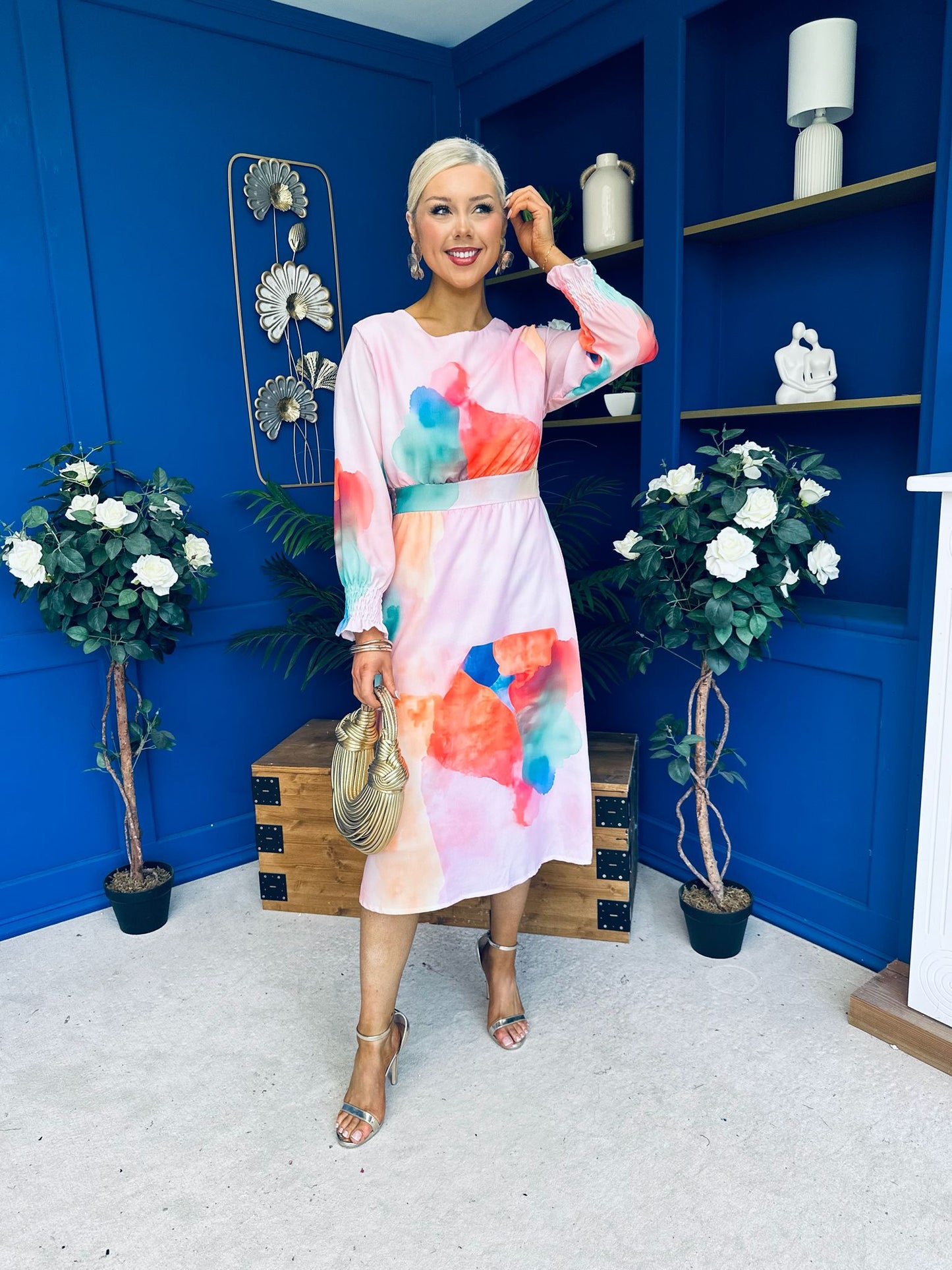 Mollie Banded Midi Dress Floral Pink