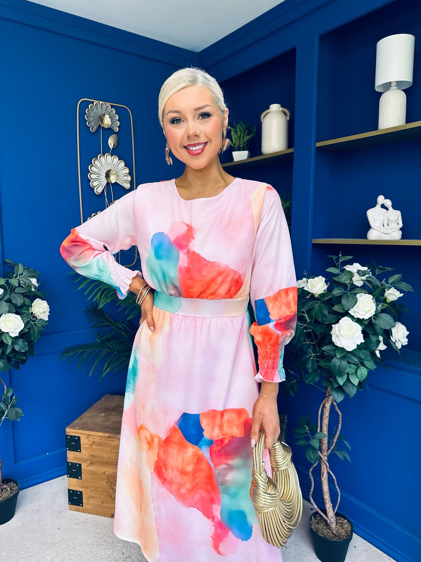 Mollie Banded Midi Dress Floral Pink