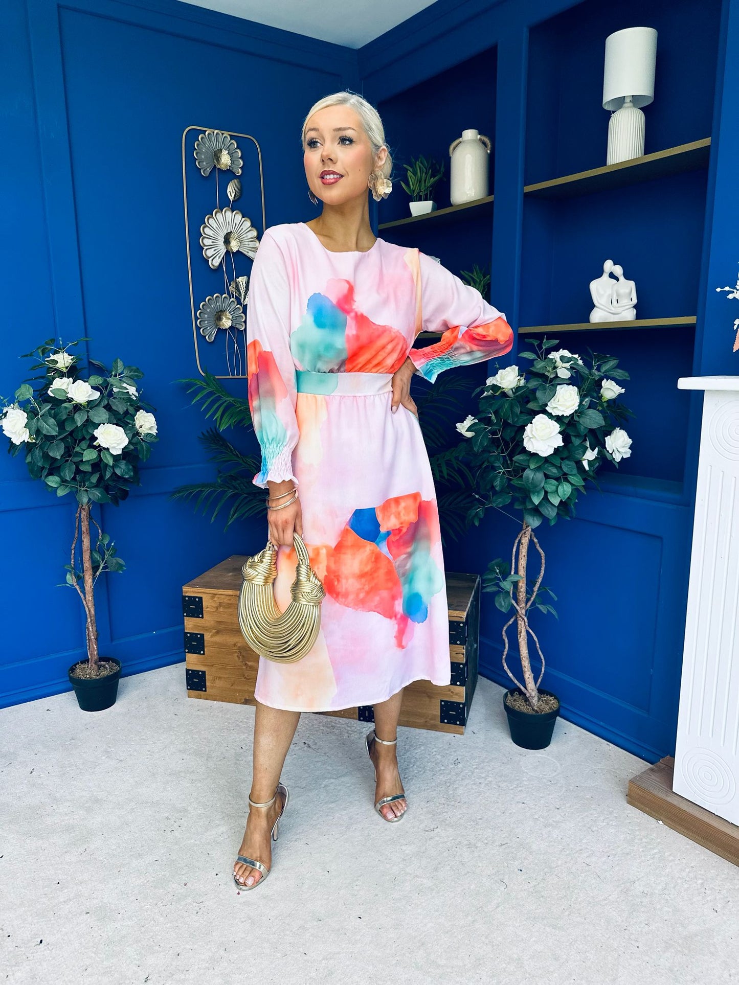 Mollie Banded Midi Dress Floral Pink