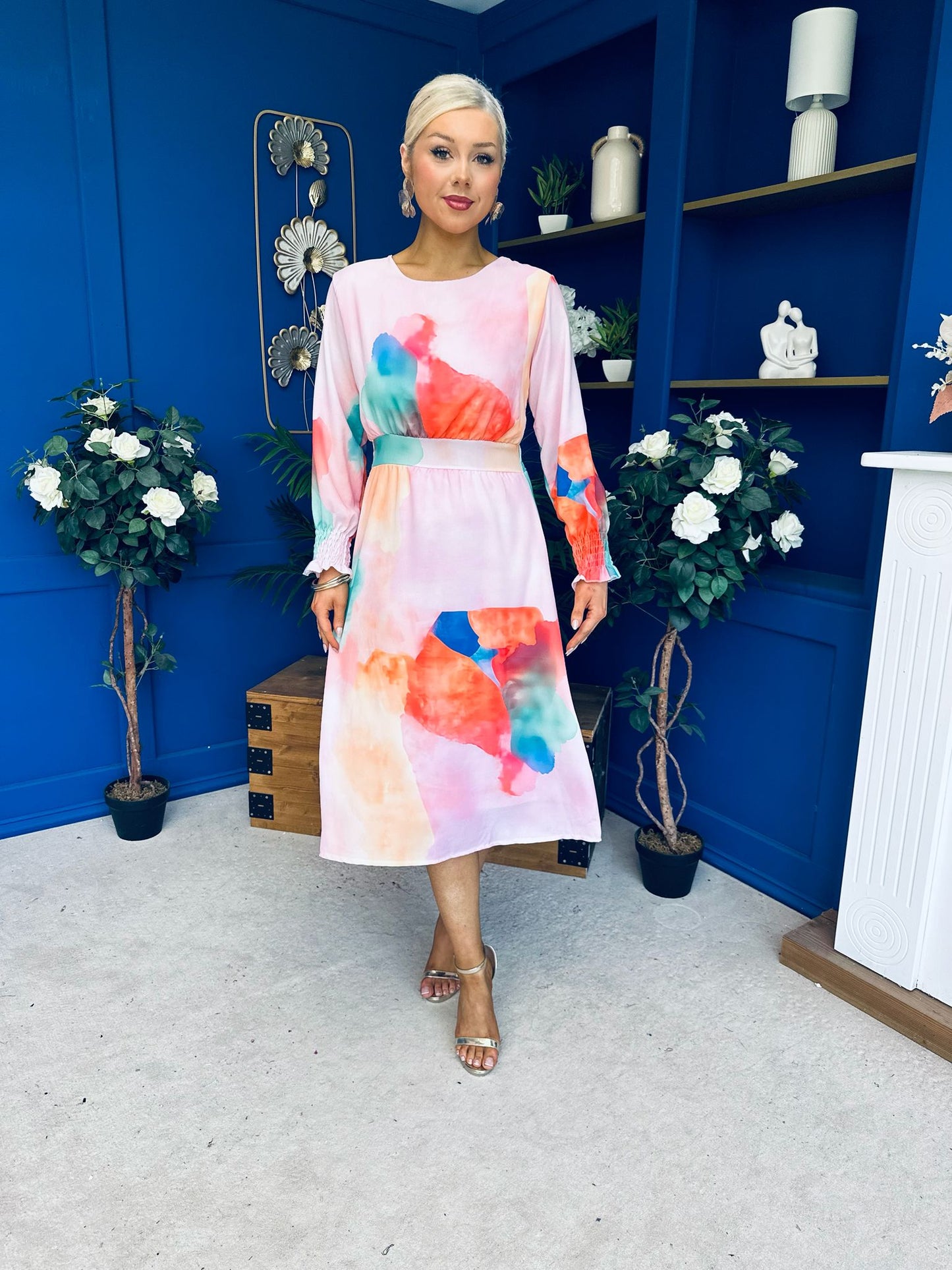 Mollie Banded Midi Dress Floral Pink
