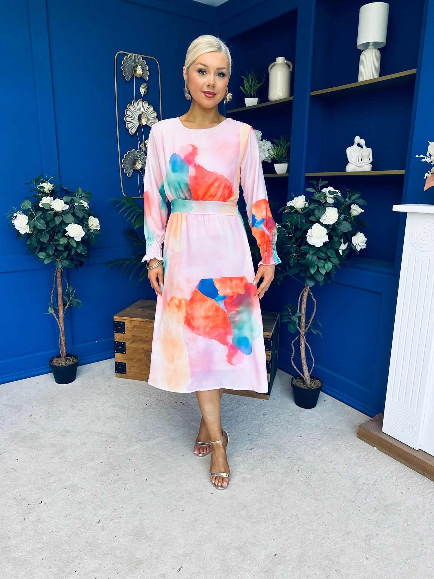 Mollie Banded Midi Dress Floral Pink