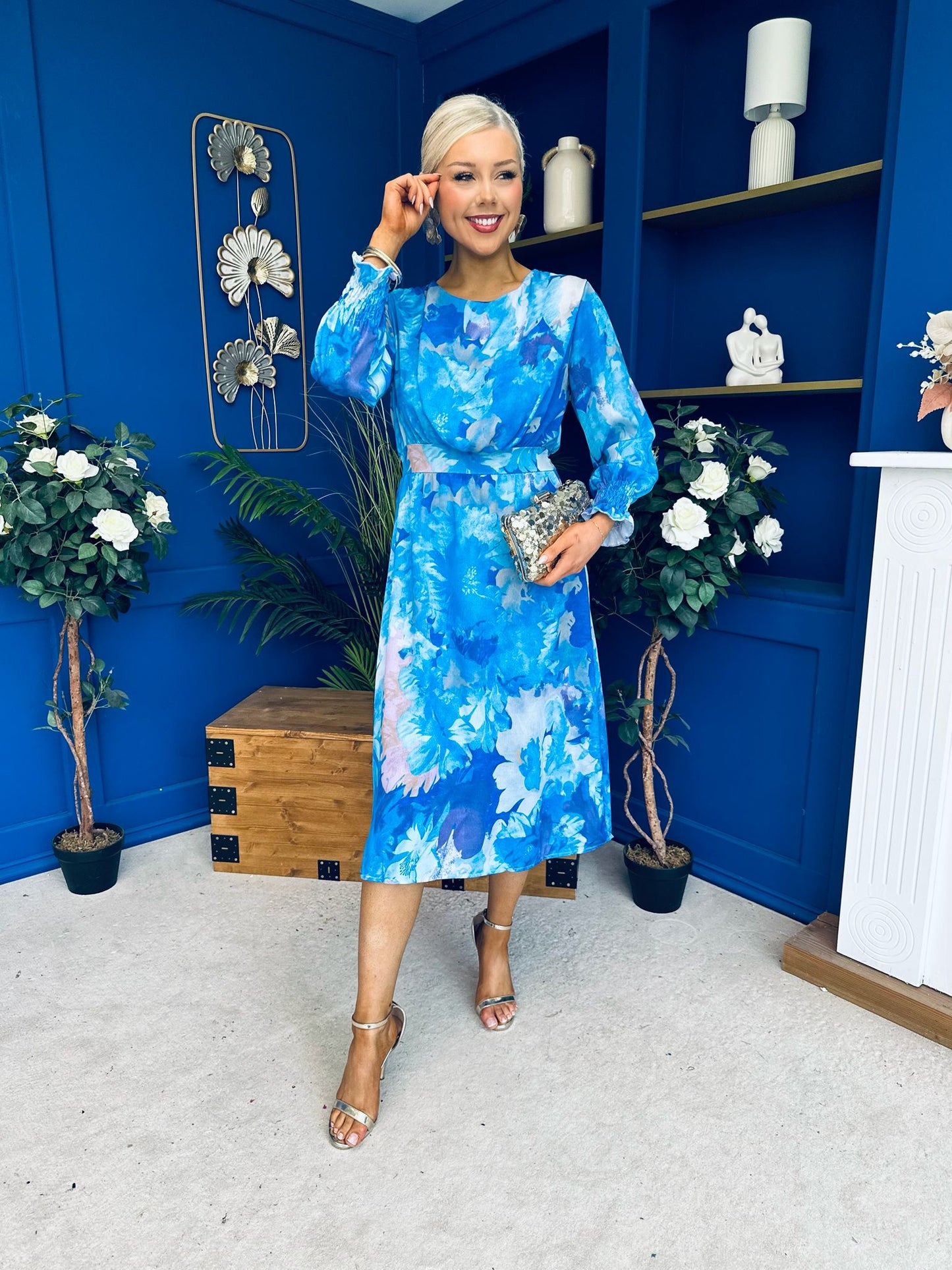 Mollie Banded Midi Dress Floral Blue