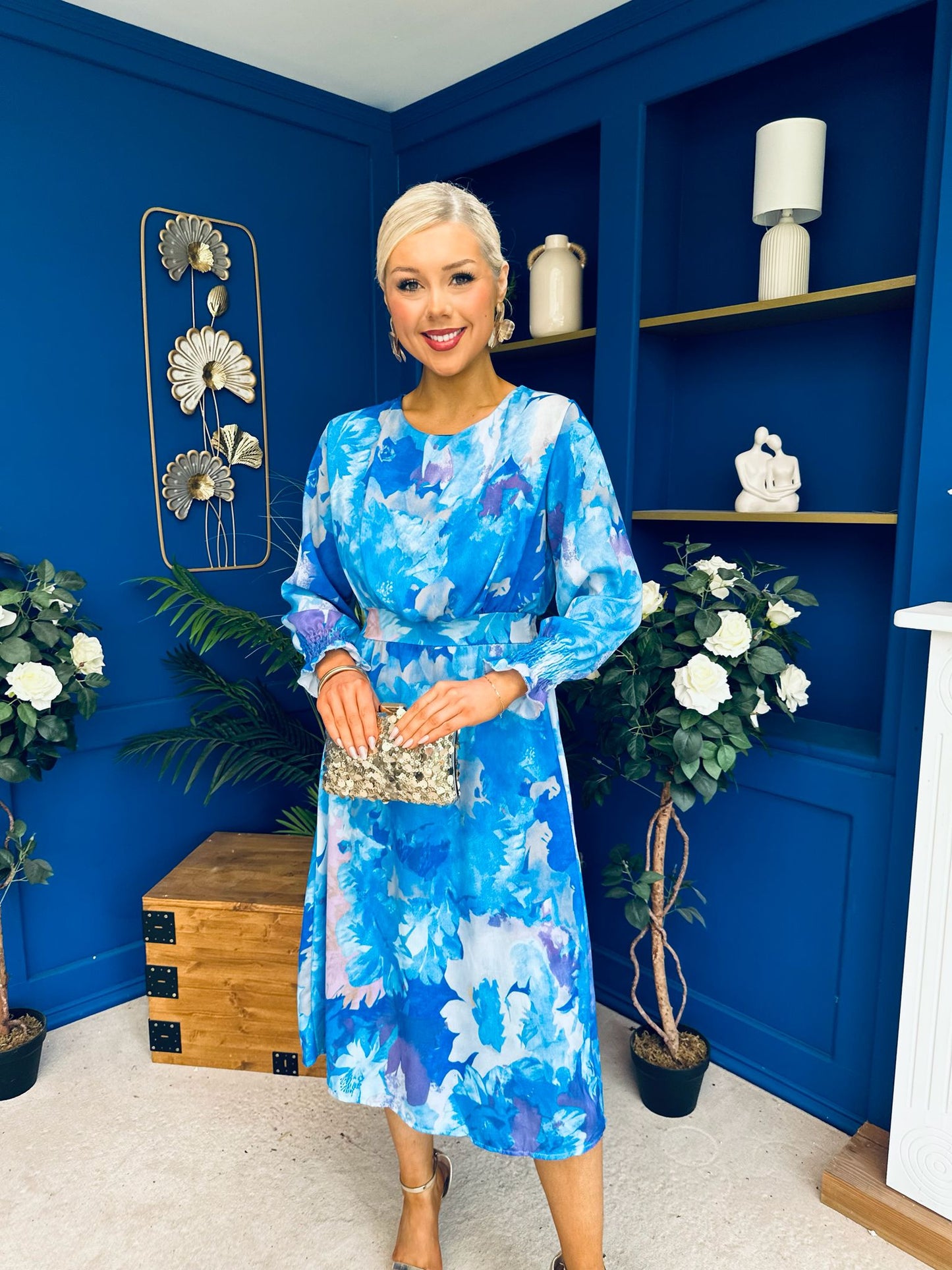 Mollie Banded Midi Dress Floral Blue