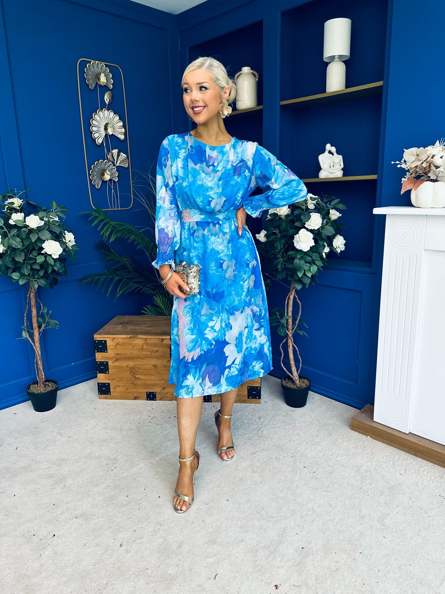 Mollie Banded Midi Dress Floral Blue