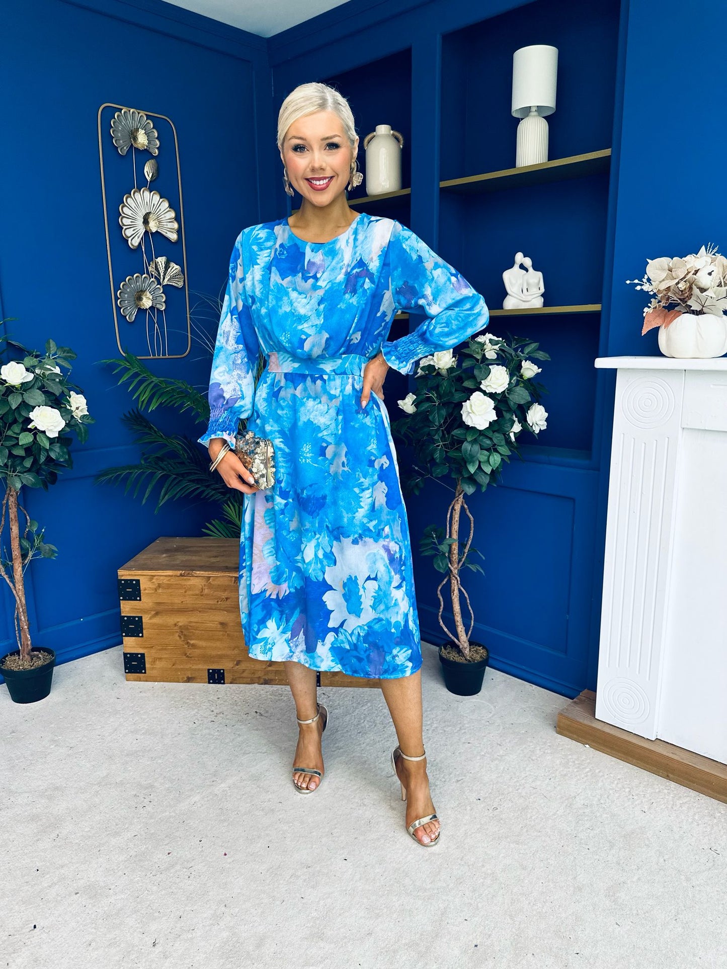 Mollie Banded Midi Dress Floral Blue