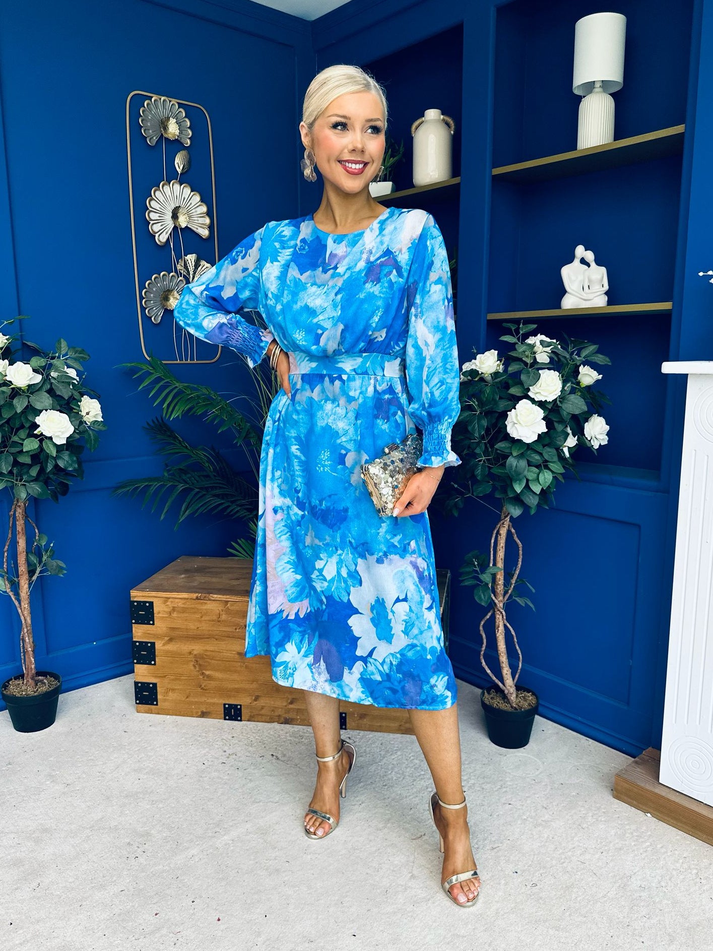 Mollie Banded Midi Dress Floral Blue