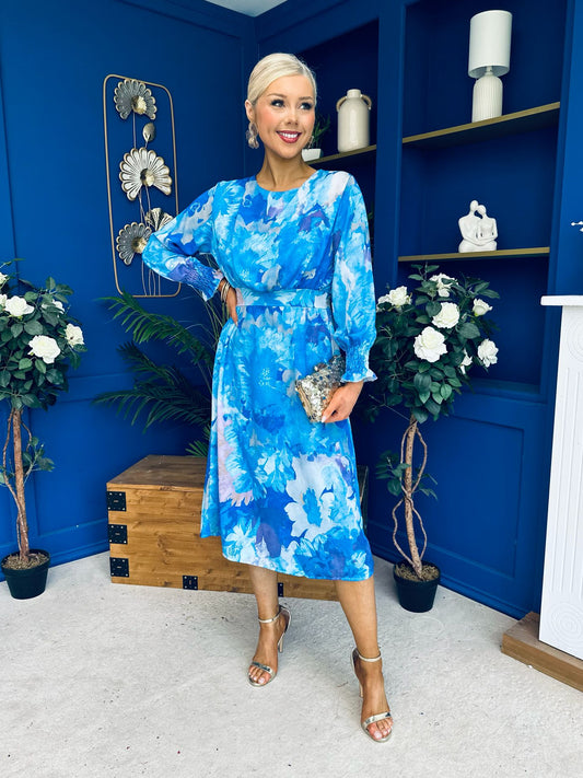 Mollie Banded Midi Dress Floral Blue