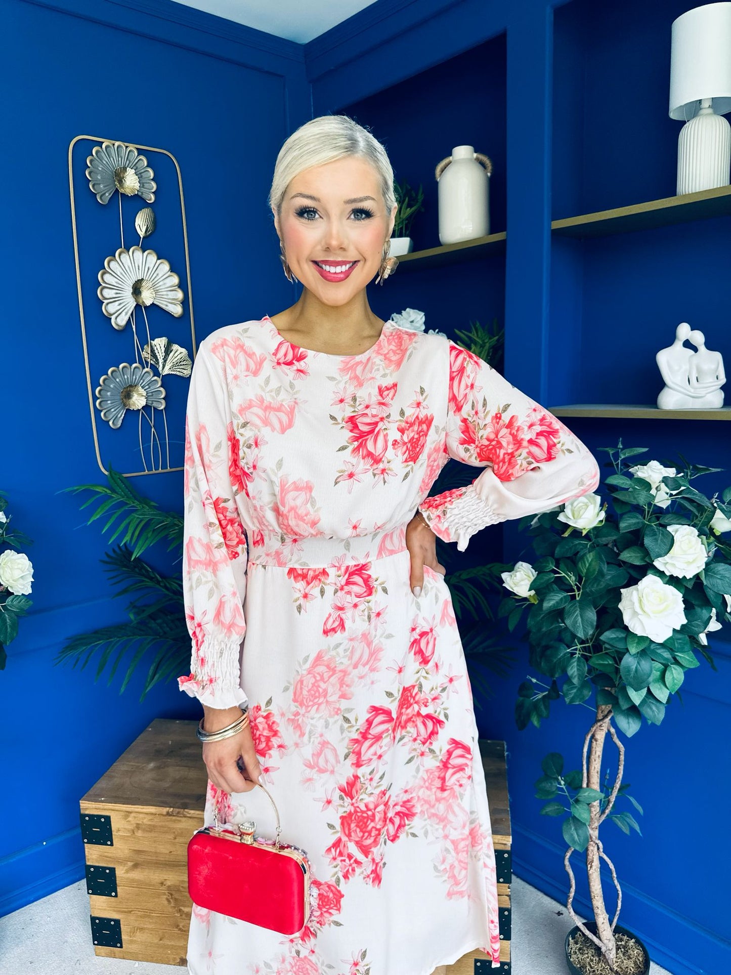Mollie Banded Midi Dress Floral Cream