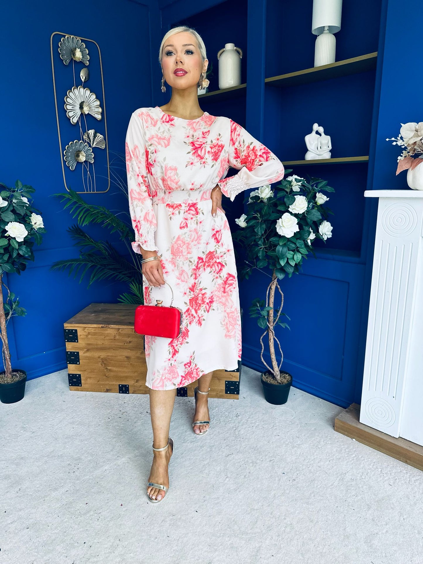 Mollie Banded Midi Dress Floral Cream