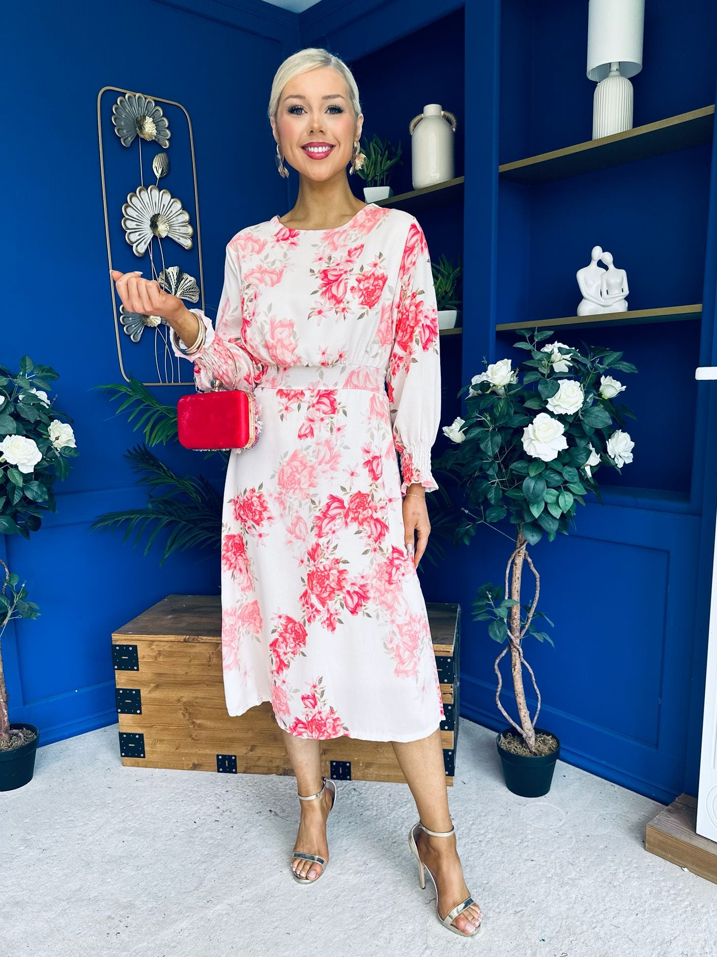 Mollie Banded Midi Dress Floral Cream
