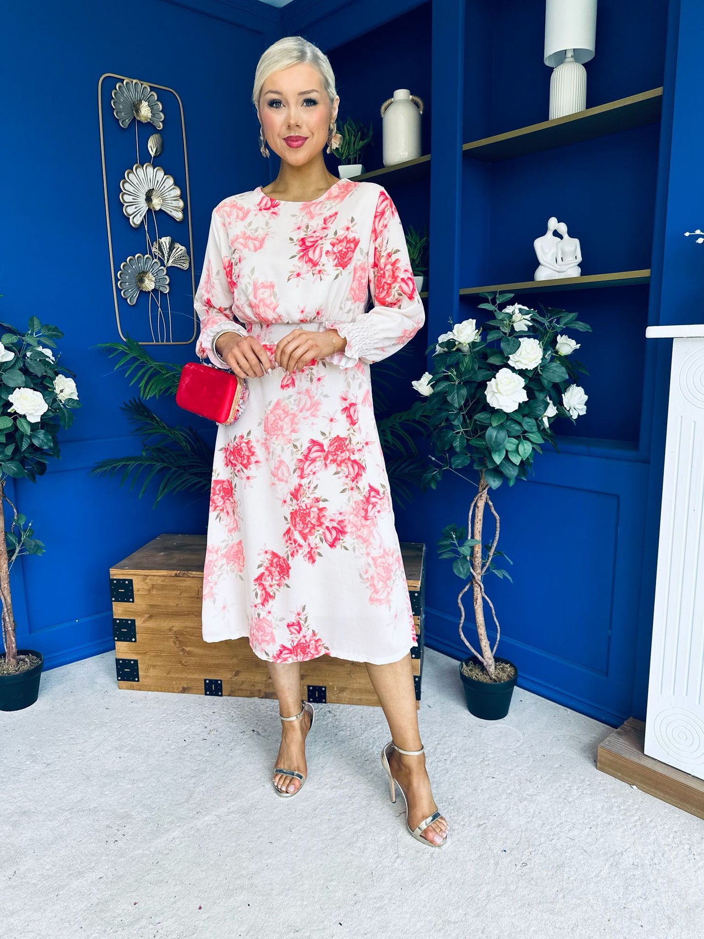 Mollie Banded Midi Dress Floral Cream