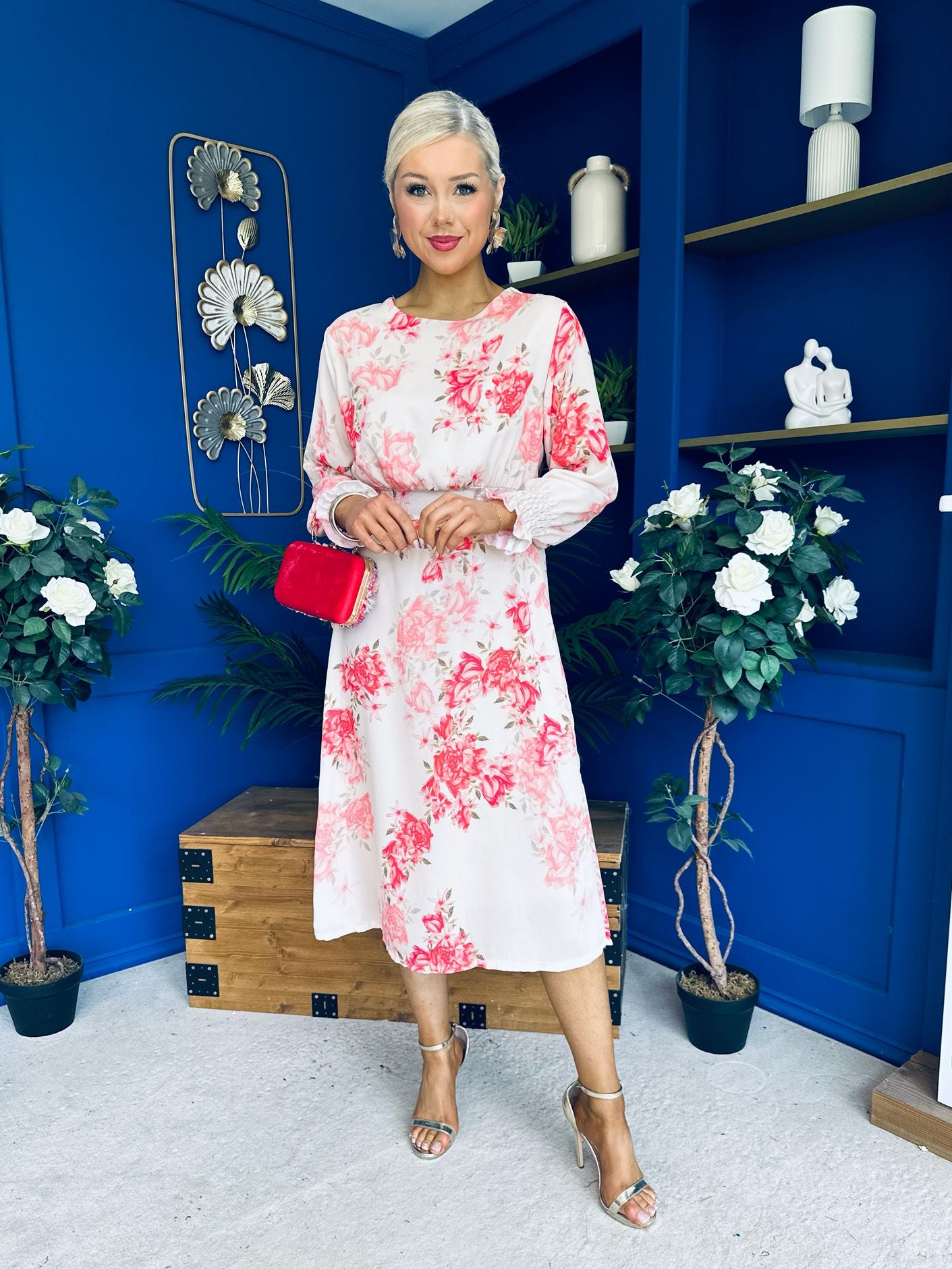 Mollie Banded Midi Dress Floral Cream