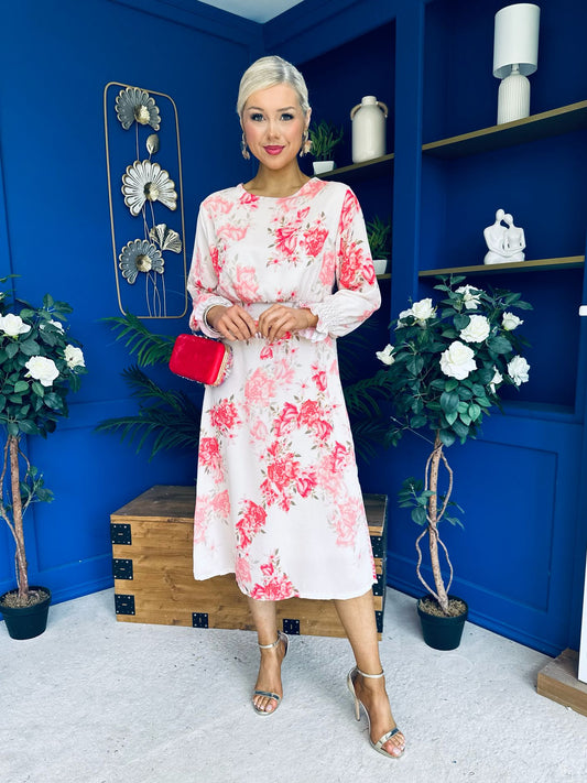 Mollie Banded Midi Dress Floral Cream