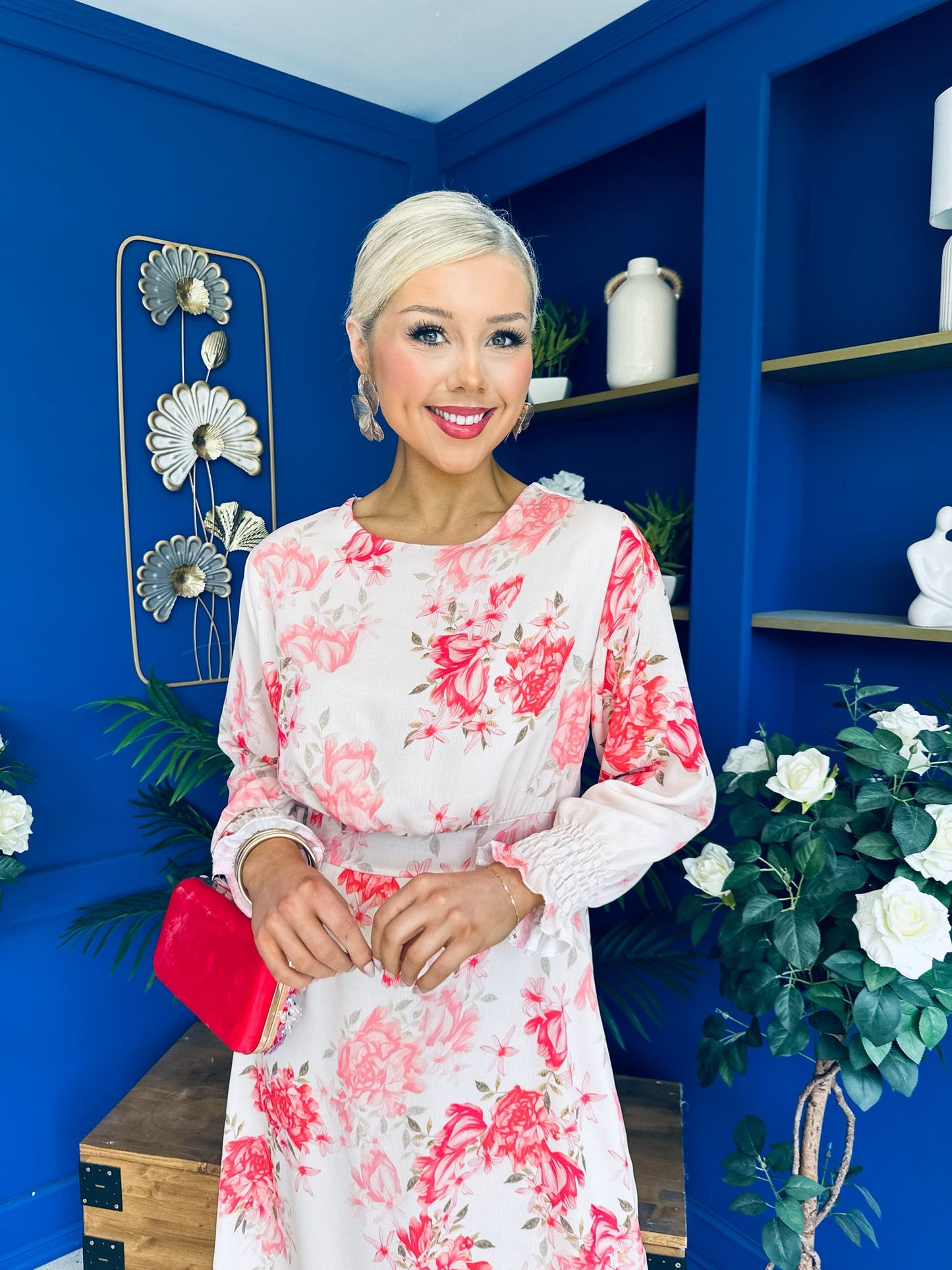 Mollie Banded Midi Dress Floral Cream