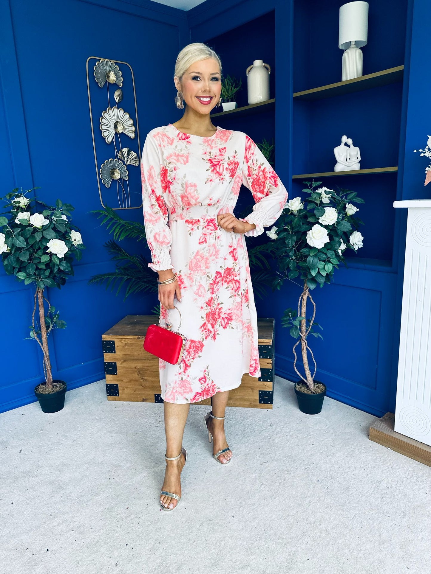 Mollie Banded Midi Dress Floral Cream