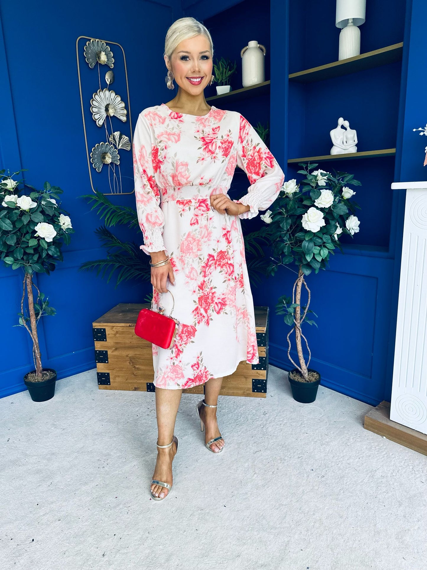 Mollie Banded Midi Dress Floral Cream