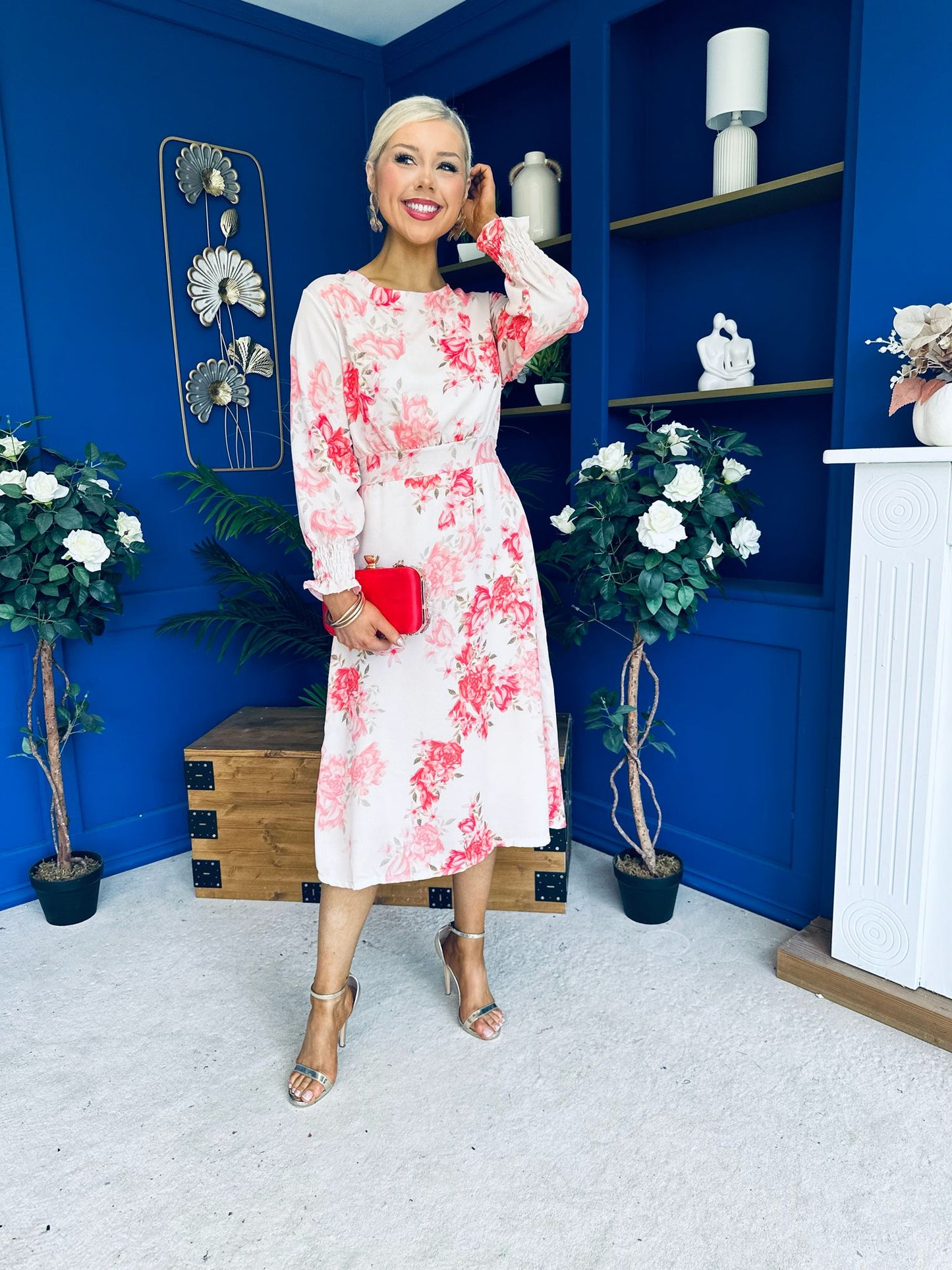 Mollie Banded Midi Dress Floral Cream