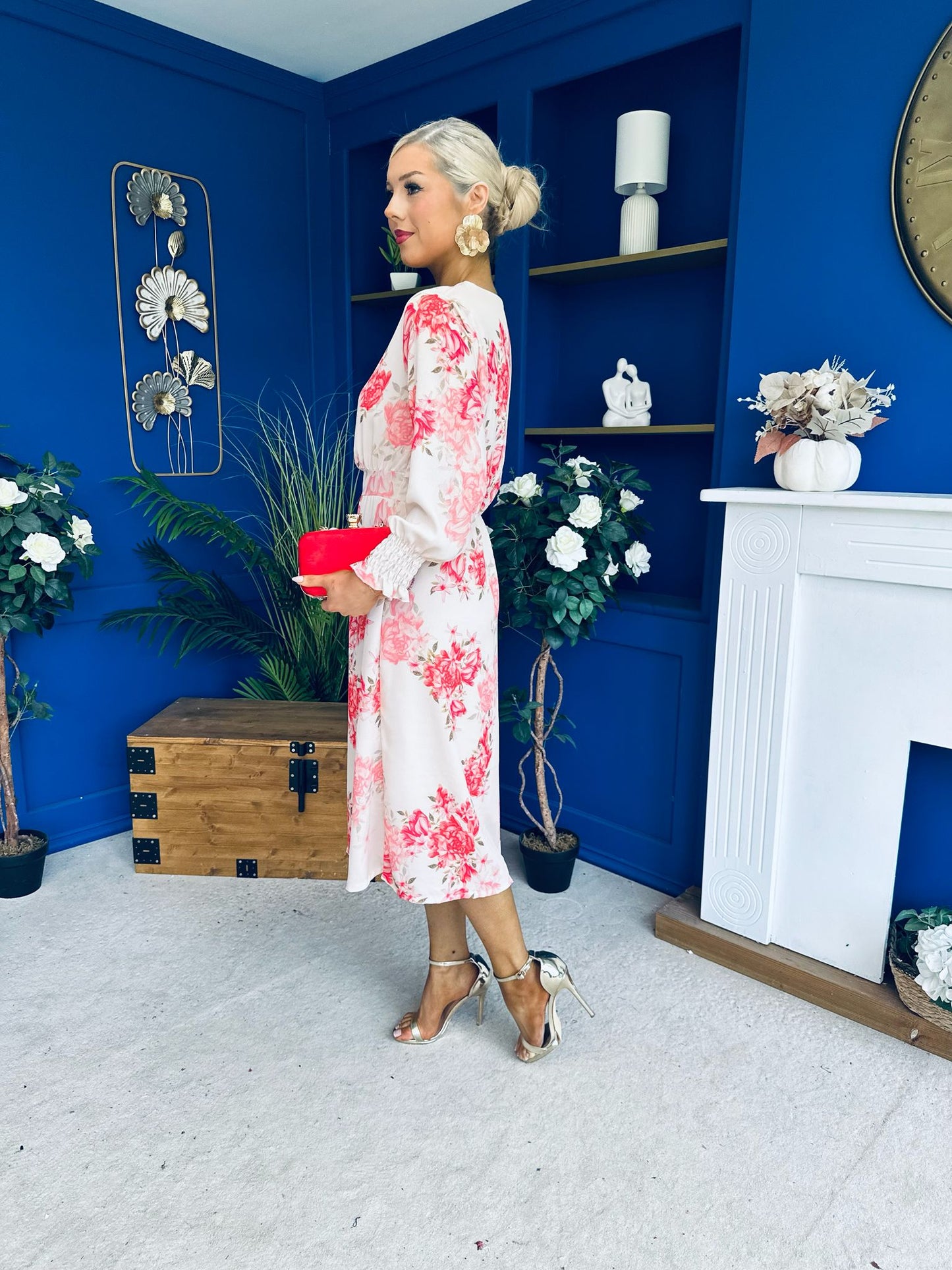 Mollie Banded Midi Dress Floral Cream