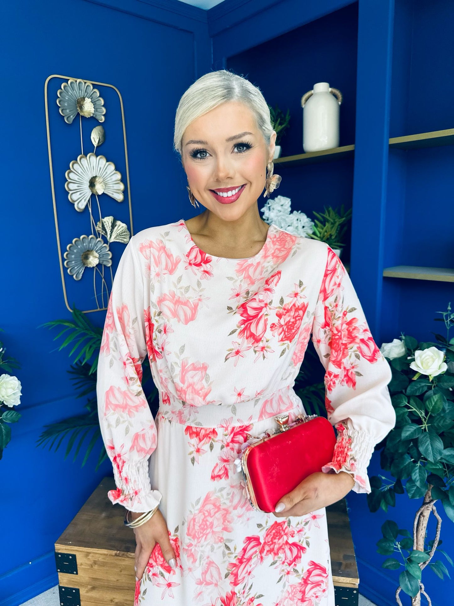 Mollie Banded Midi Dress Floral Cream