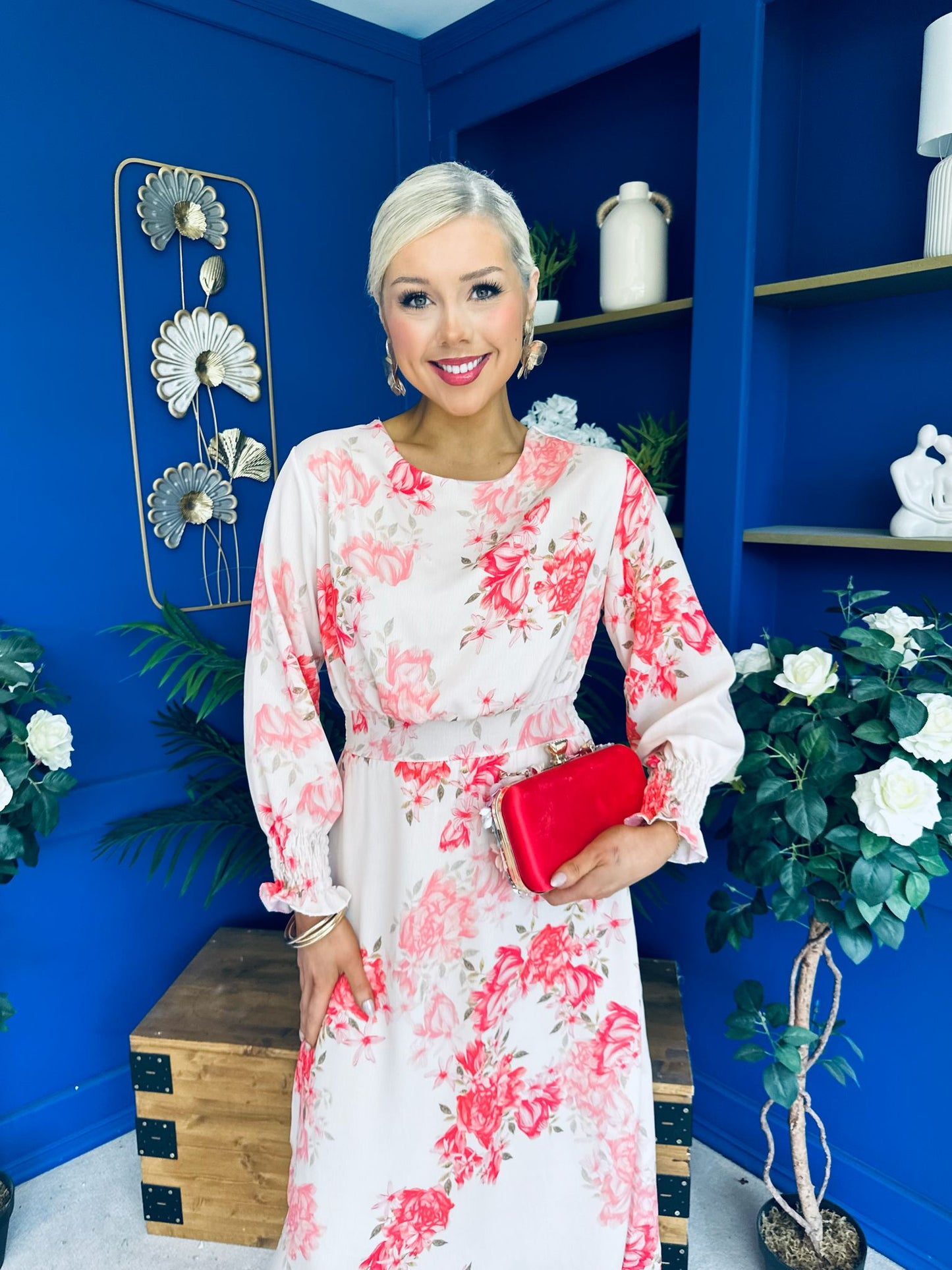 Mollie Banded Midi Dress Floral Cream