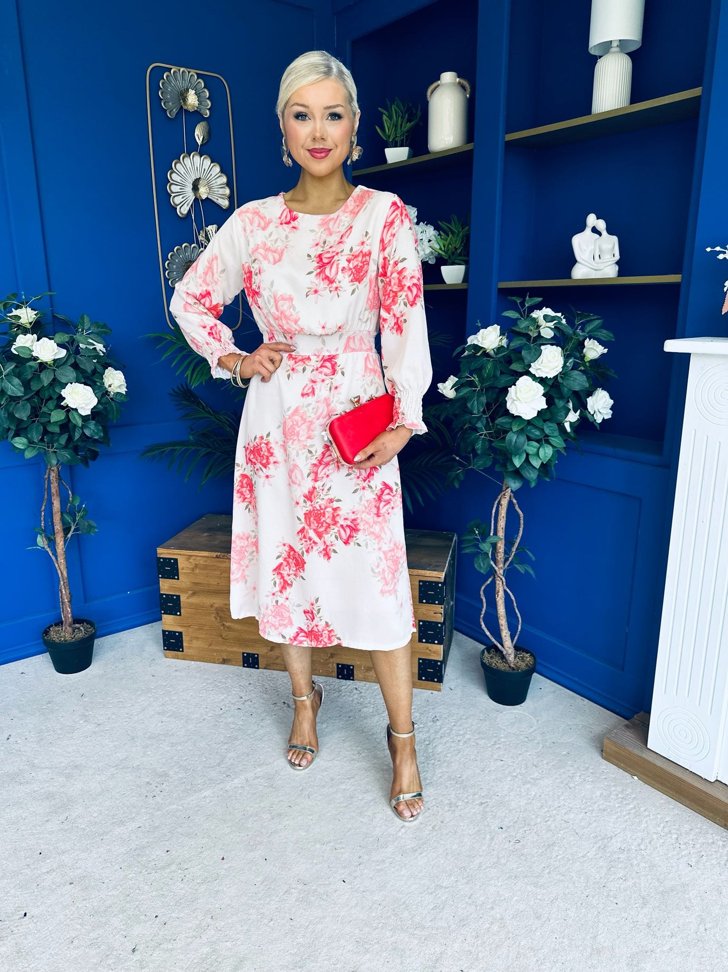 Mollie Banded Midi Dress Floral Cream
