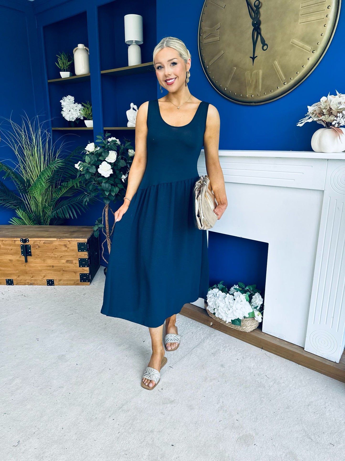 Amanda Detailed Midi Dress Navy