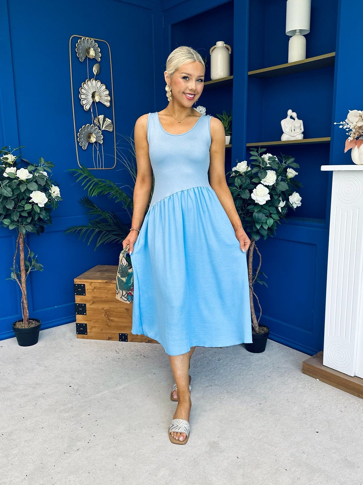 Amanda Detailed Midi Dress Sky Blue