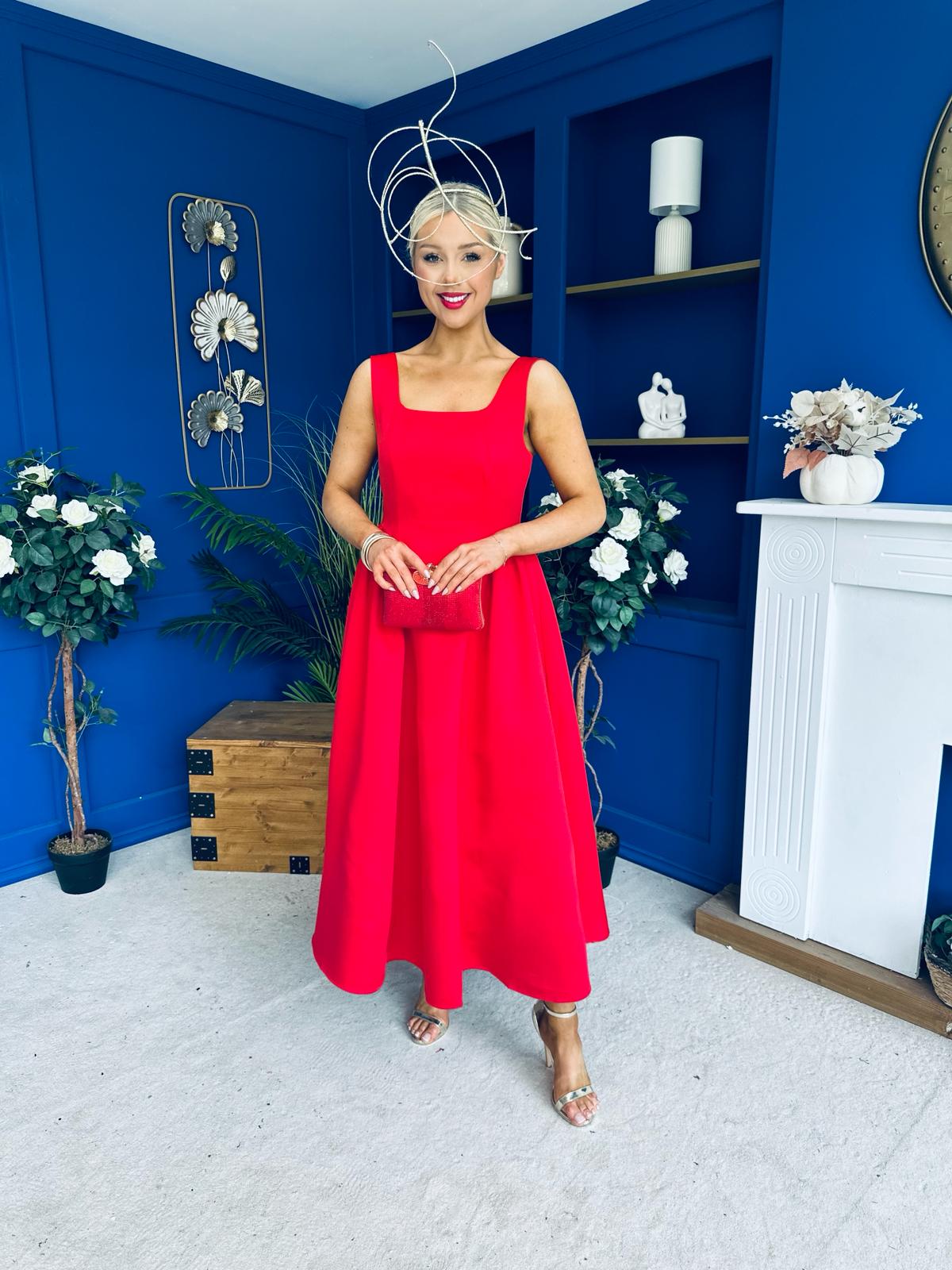 Miranda Square Neck Detailed Midi Dress Red