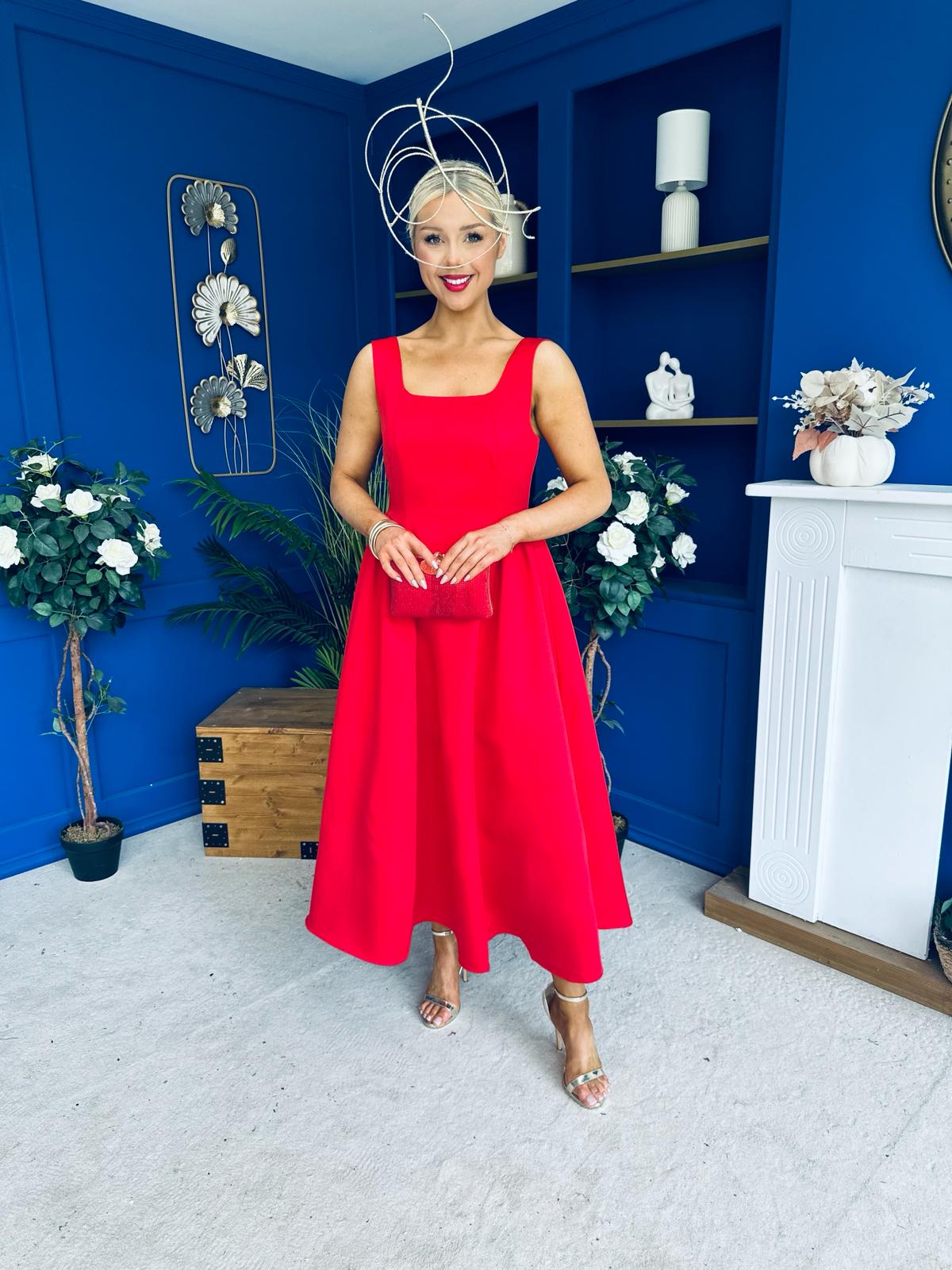 Miranda Square Neck Detailed Midi Dress Red