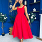 Miranda Square Neck Detailed Midi Dress Red