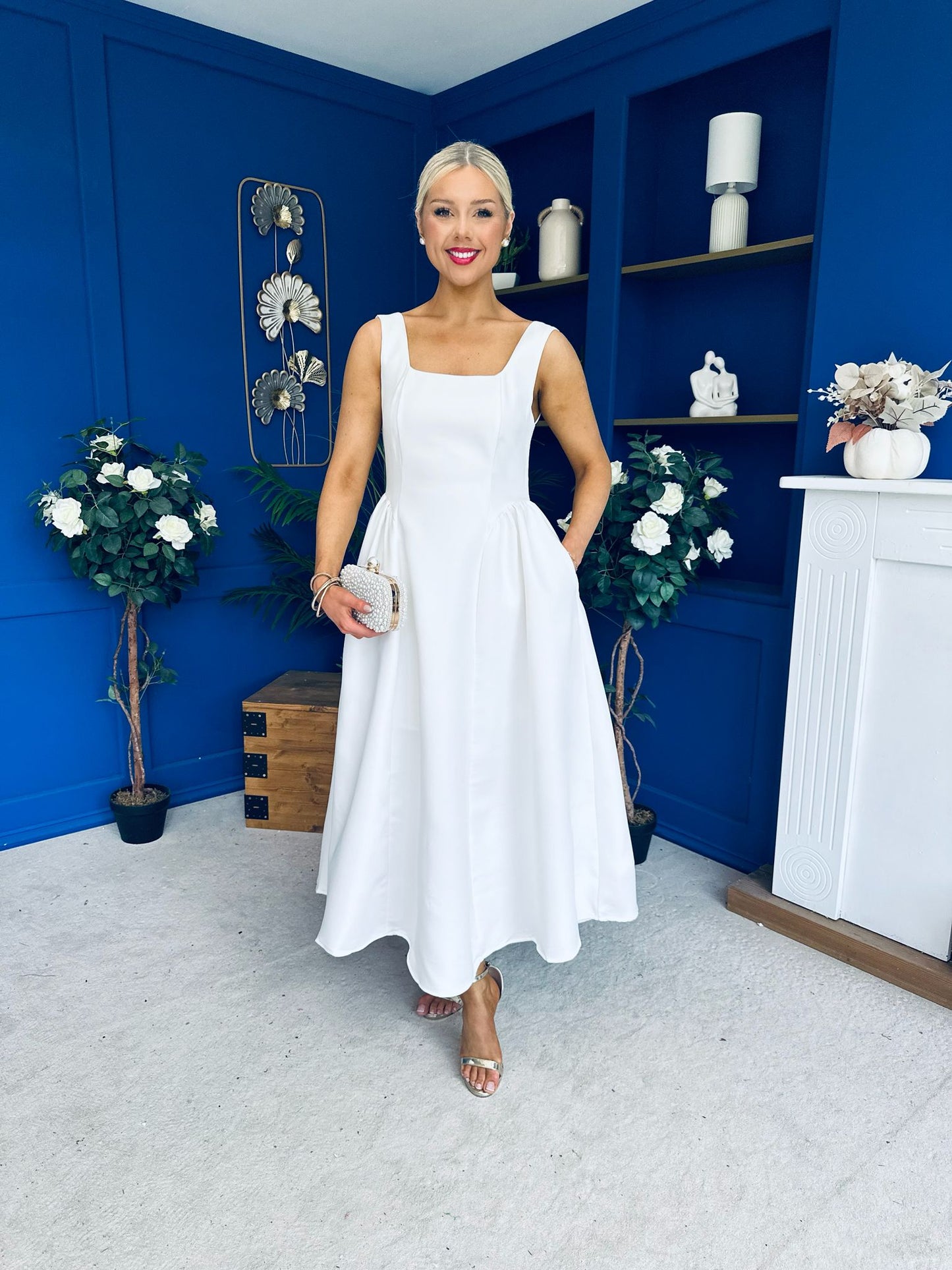 Miranda Square Neck Detailed Midi Dress White