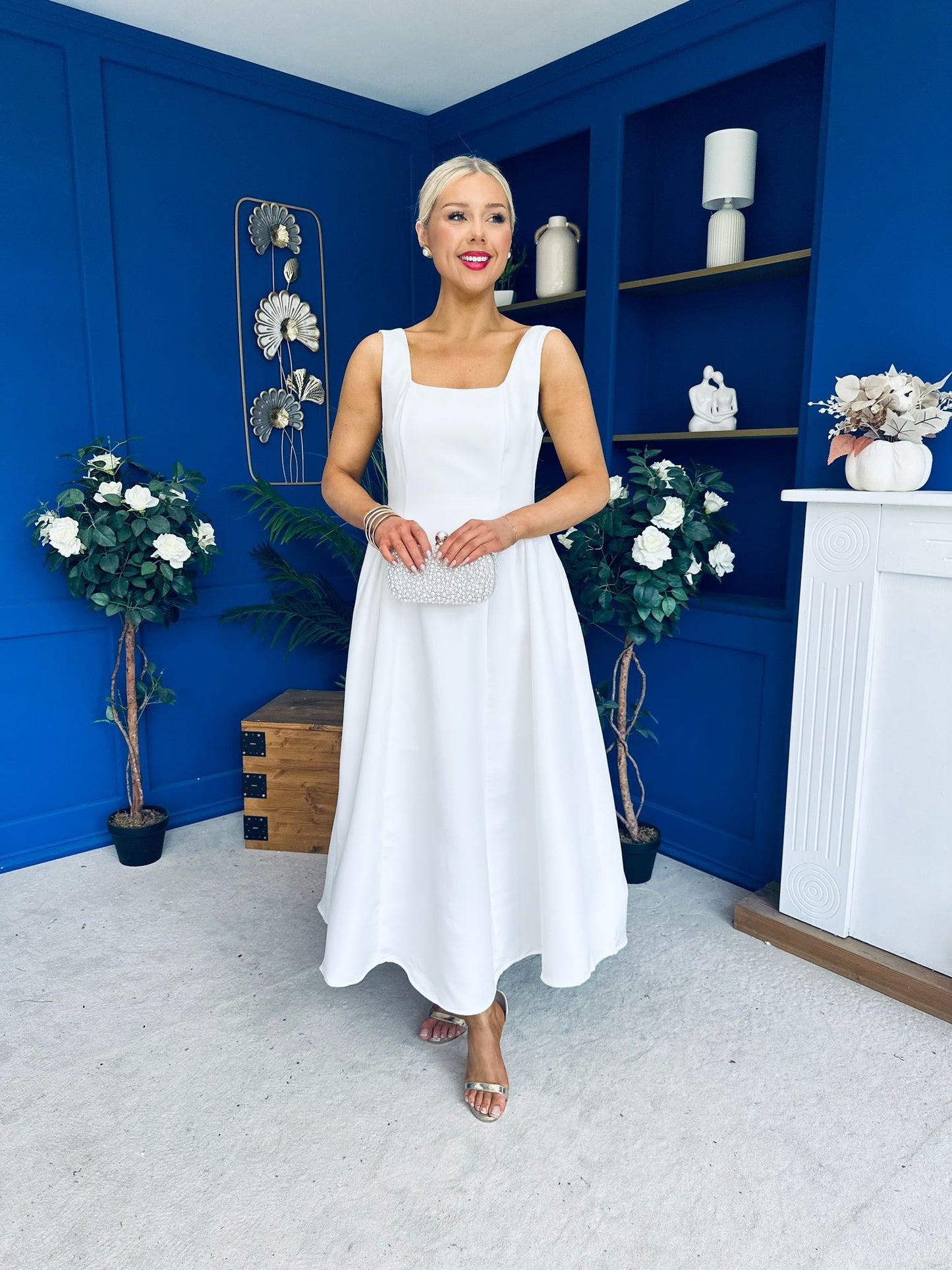 Miranda Square Neck Detailed Midi Dress White