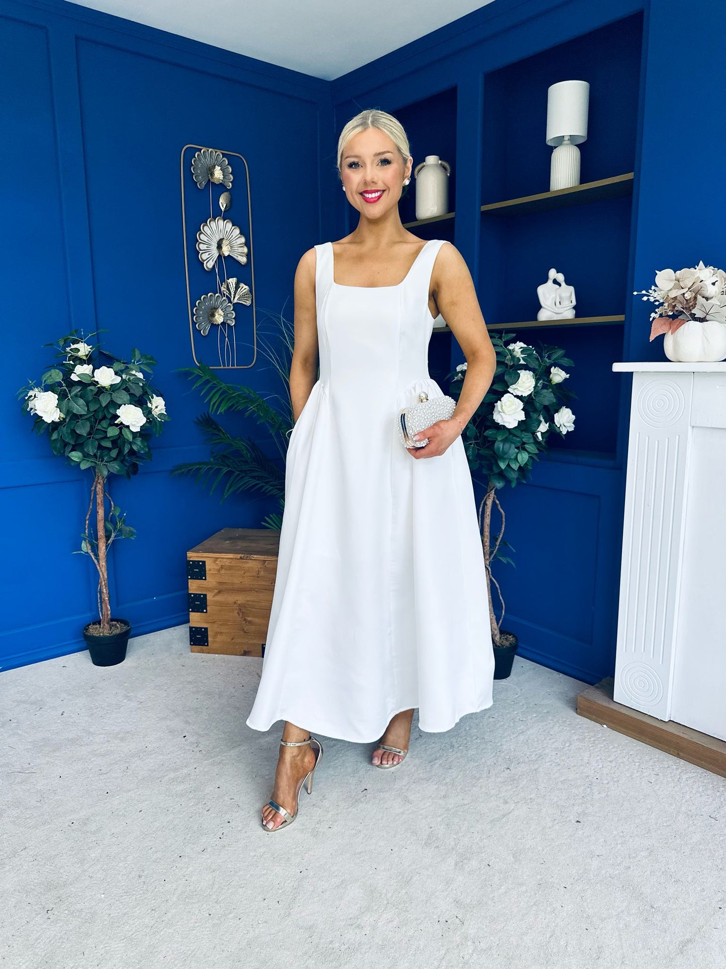 Miranda Square Neck Detailed Midi Dress White