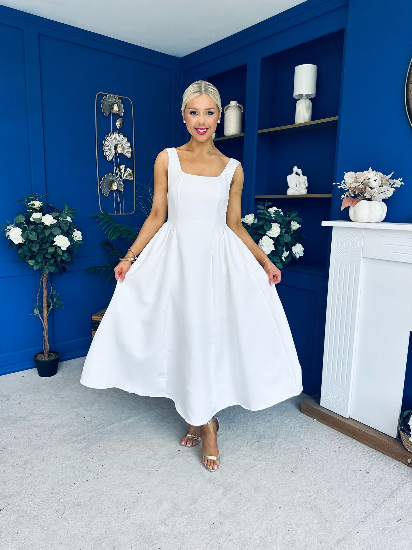 Miranda Square Neck Detailed Midi Dress White