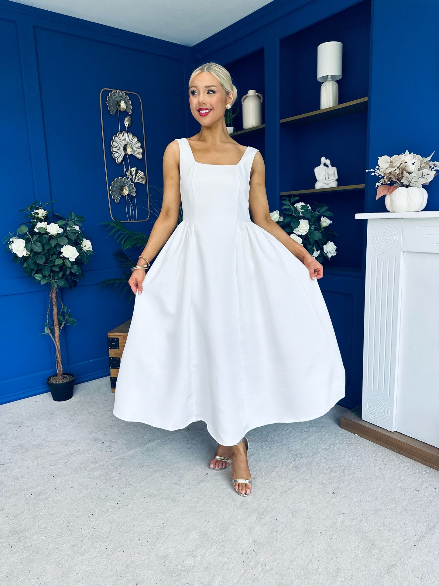 Miranda Square Neck Detailed Midi Dress White
