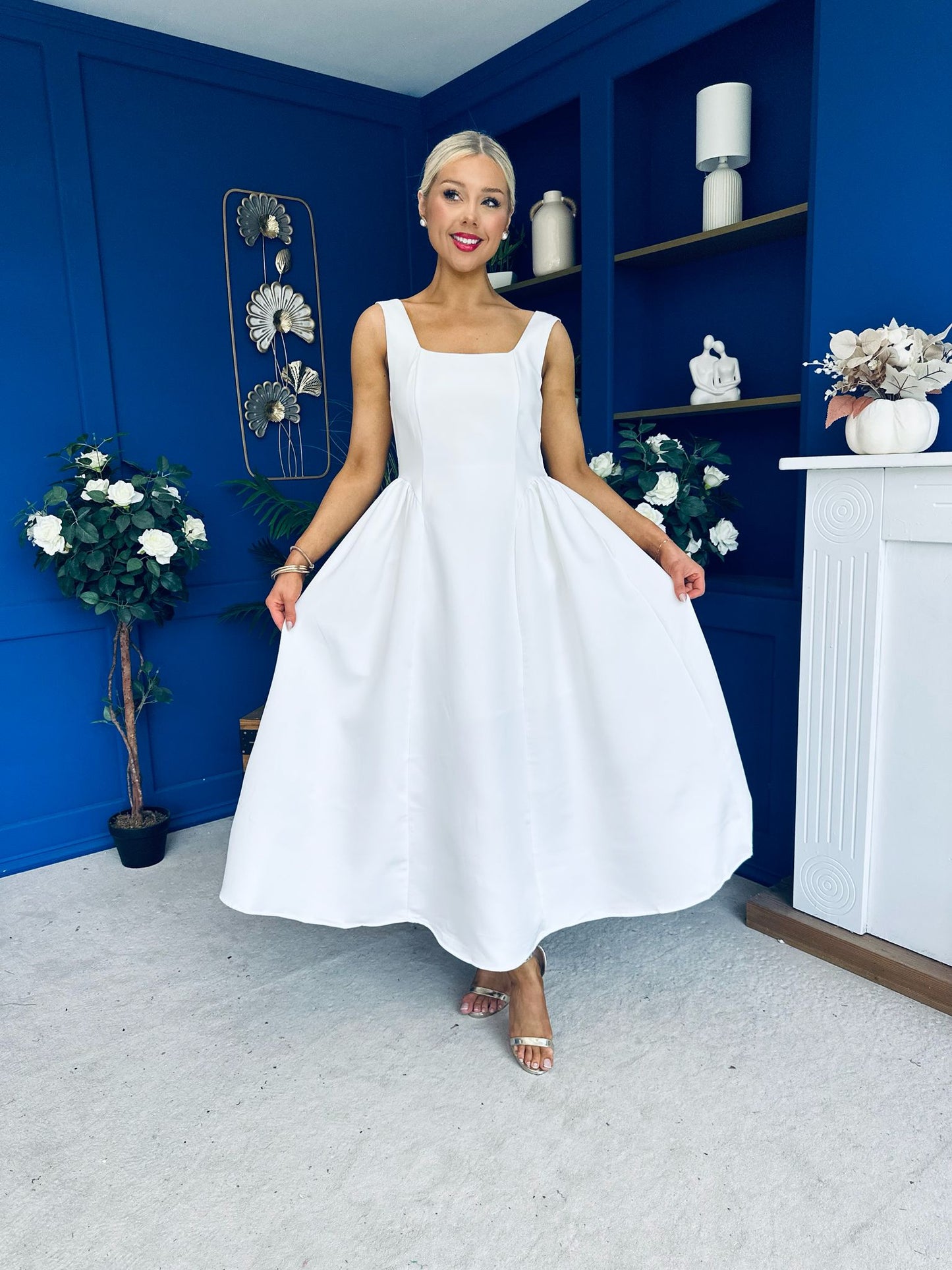 Miranda Square Neck Detailed Midi Dress White