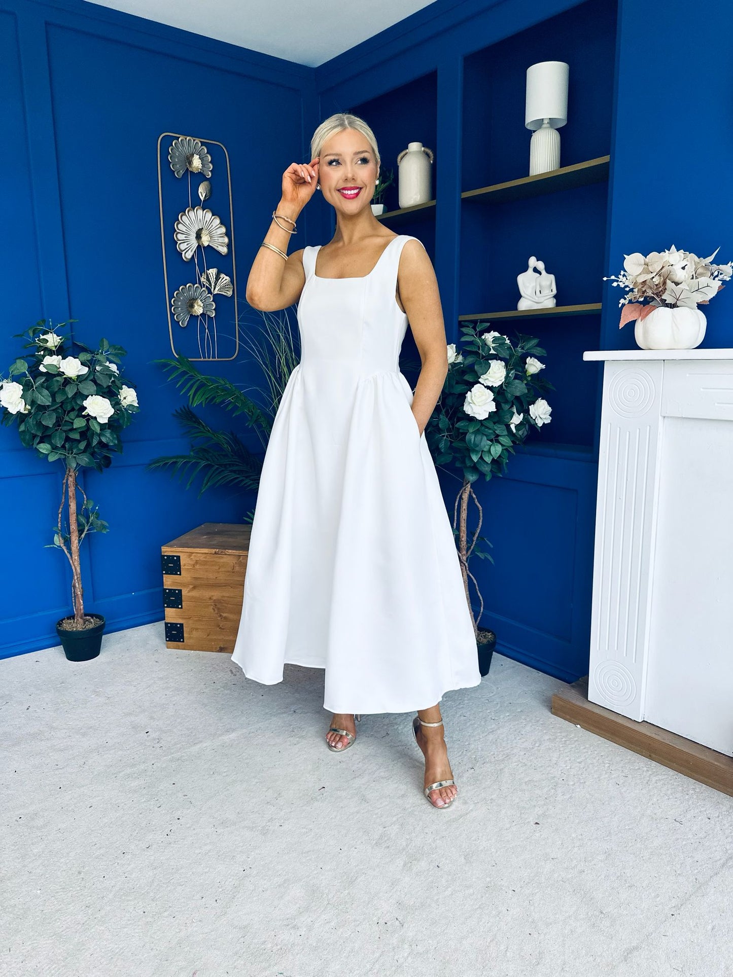 Miranda Square Neck Detailed Midi Dress White