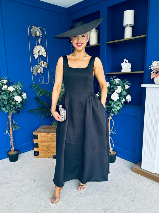 Miranda Square Neck Detailed Midi Dress Black