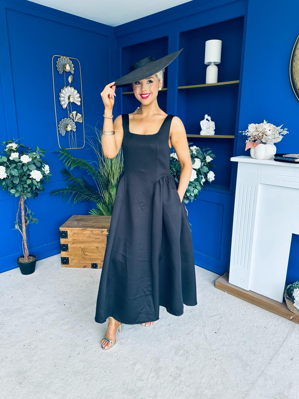Miranda Square Neck Detailed Midi Dress Black