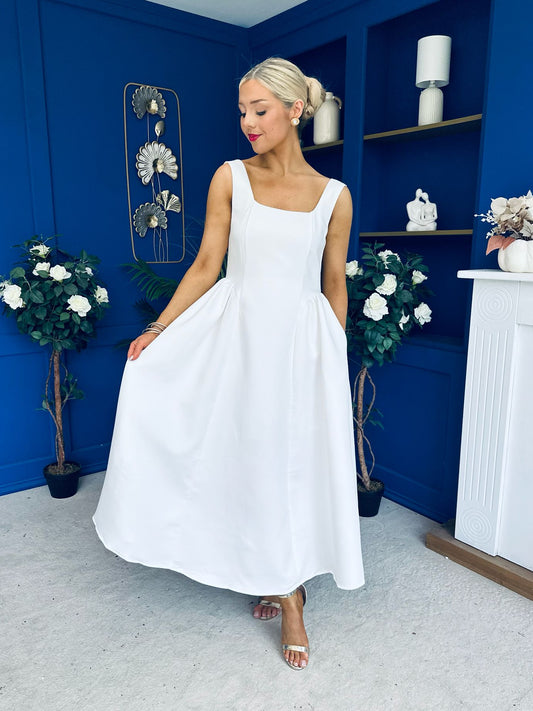 Miranda Square Neck Detailed Midi Dress White