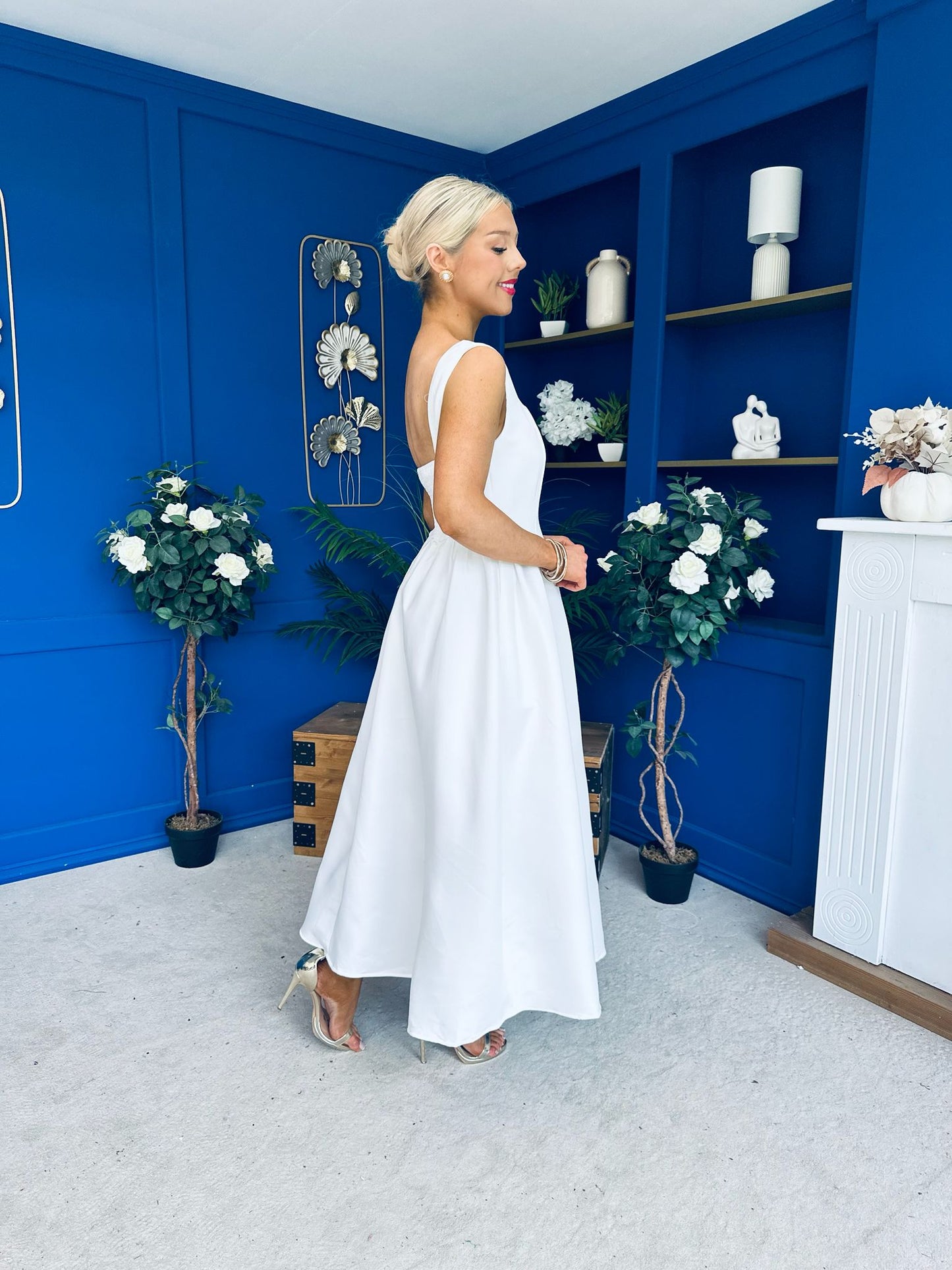 Miranda Square Neck Detailed Midi Dress White