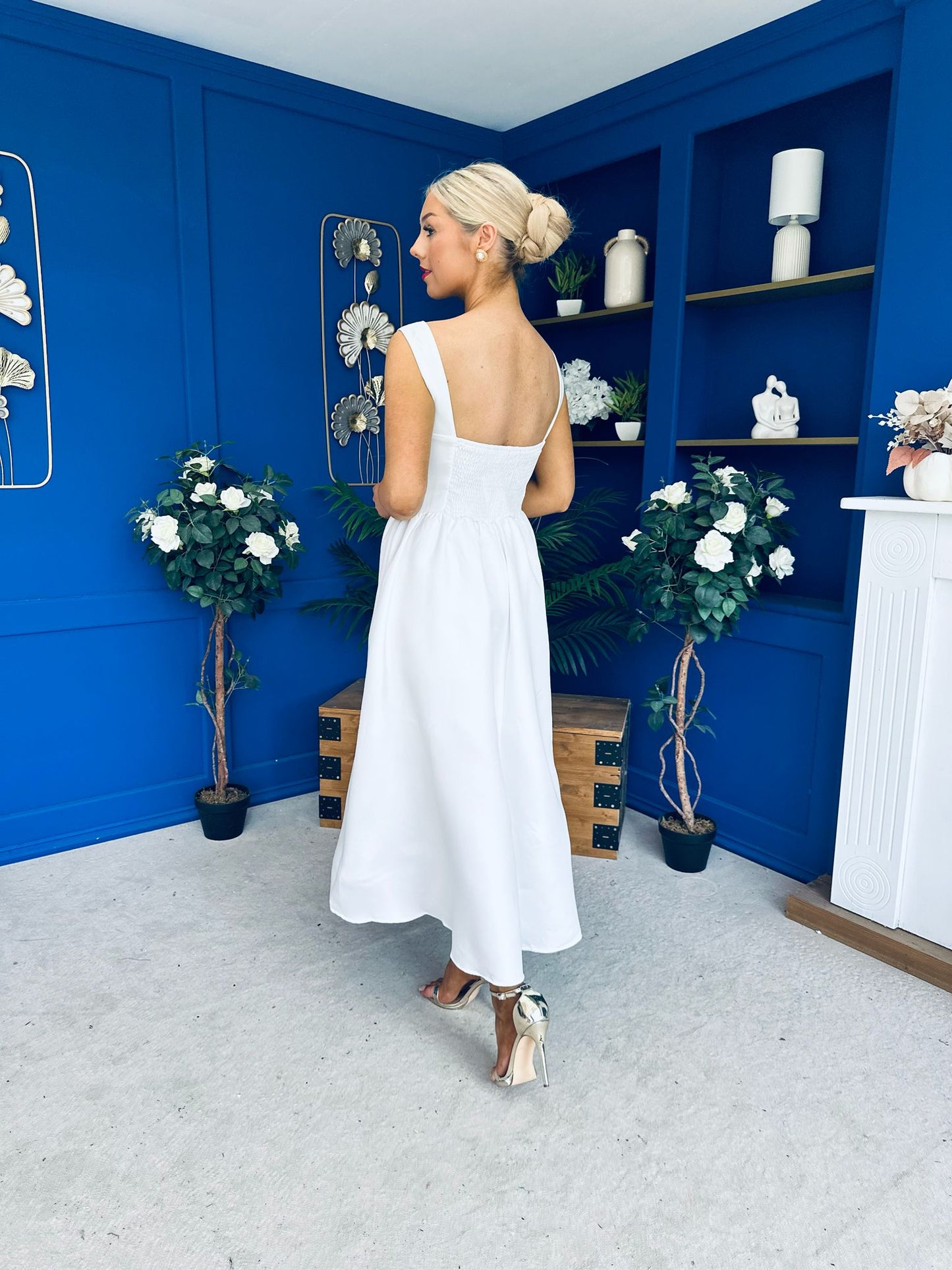 Miranda Square Neck Detailed Midi Dress White